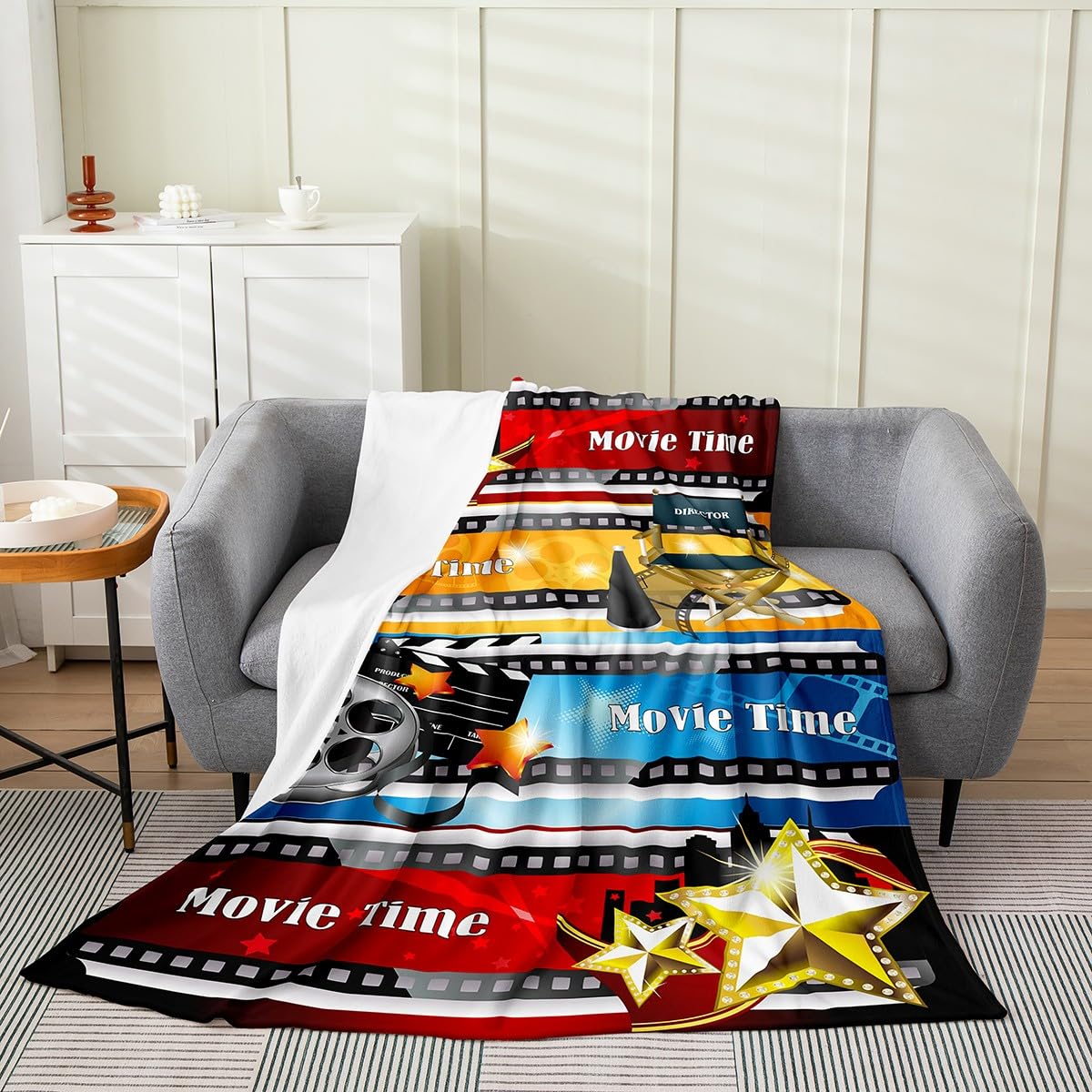 Movie Night Flannel Fleece Blanket Double 60"x79" Movie Theater Decor Plush Throw Blanket for Girls Children Cinema Blanket Room Decor Home Theater