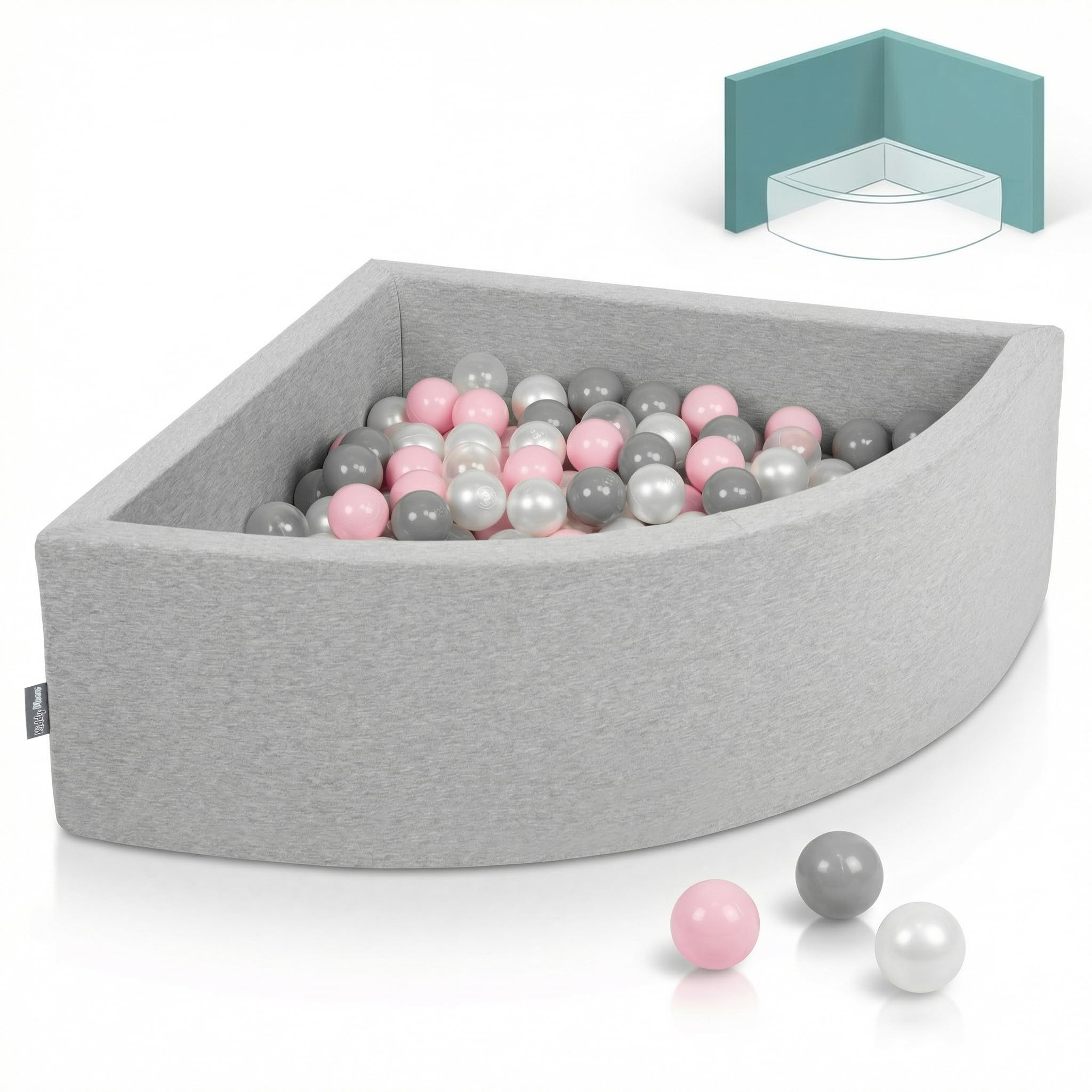 KiddyMoon Quarter Corner Ball Pit 90x30cm with 200 Balls 7cm Foam Ball Pool for Baby and Toddler - Light Grey Pearl Grey Transparent Light Pink — image 1