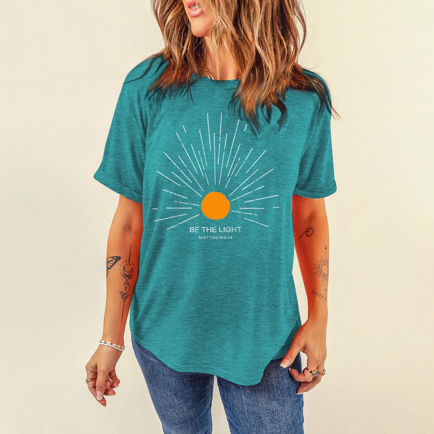MAIHUN Christian Shirt Womens Be The Light Tshirt Sunburst Vintage Bible Verse Tee Top - Image 2