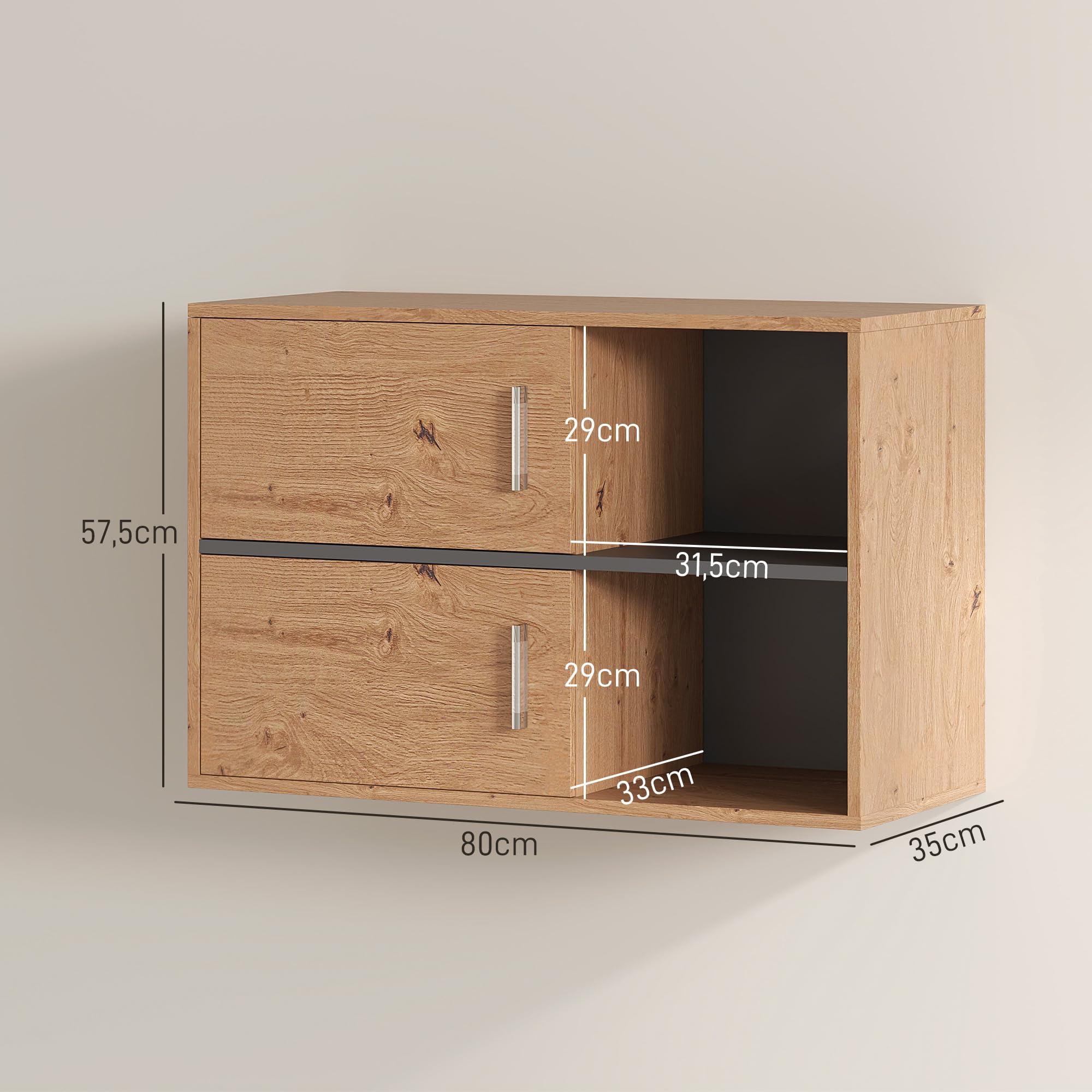 HOMCOM Mueble Auxiliar de Baño 2 Puertas Moderno 80x35x57,5 cm Natural | Armario de Baño de Pared, Compartimentos Abiertos de Almacenamiento, para Entrada Cocina