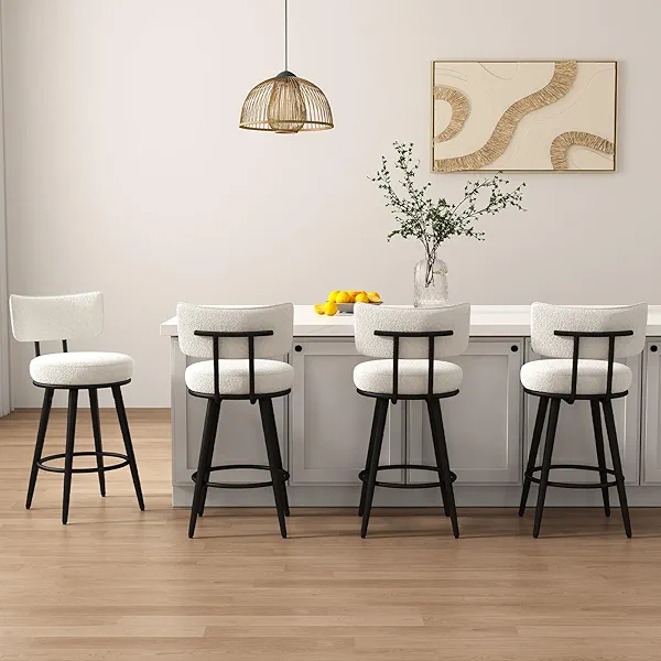 Nelbolire Bar Stools Set of 4, White Counter Height BarStools with Back, Kitchen Stools with Metal Legs and Footrest, Upholstered Pub Bar Chairs Kitchen Island (26", No Swivel)