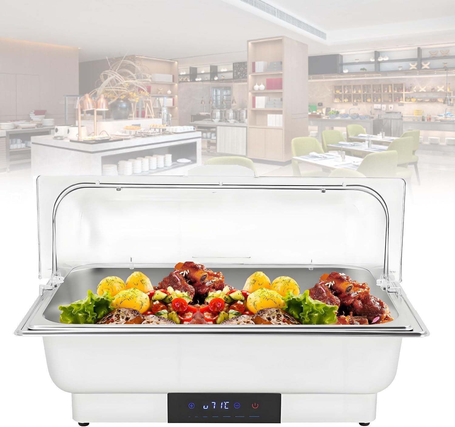 9QT Rectangular Electric Chafing Dish,600W Electric Buffet Servers and Warmers Stainless Steel Buffet Warmer with Clear Lid, for Hotels and Restaurants 1