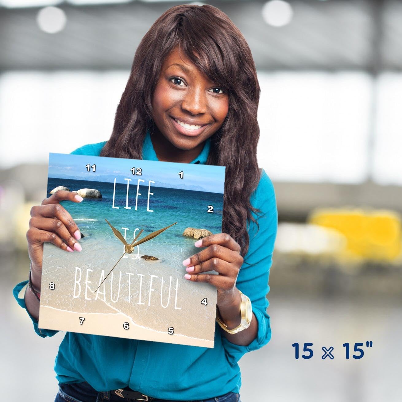 3dRose DPP_151390_3 Life is Beautiful Positive Affirmations Inspiring Nature Beach Photography Words Saying Wall Clock, 15 by 15-Inch