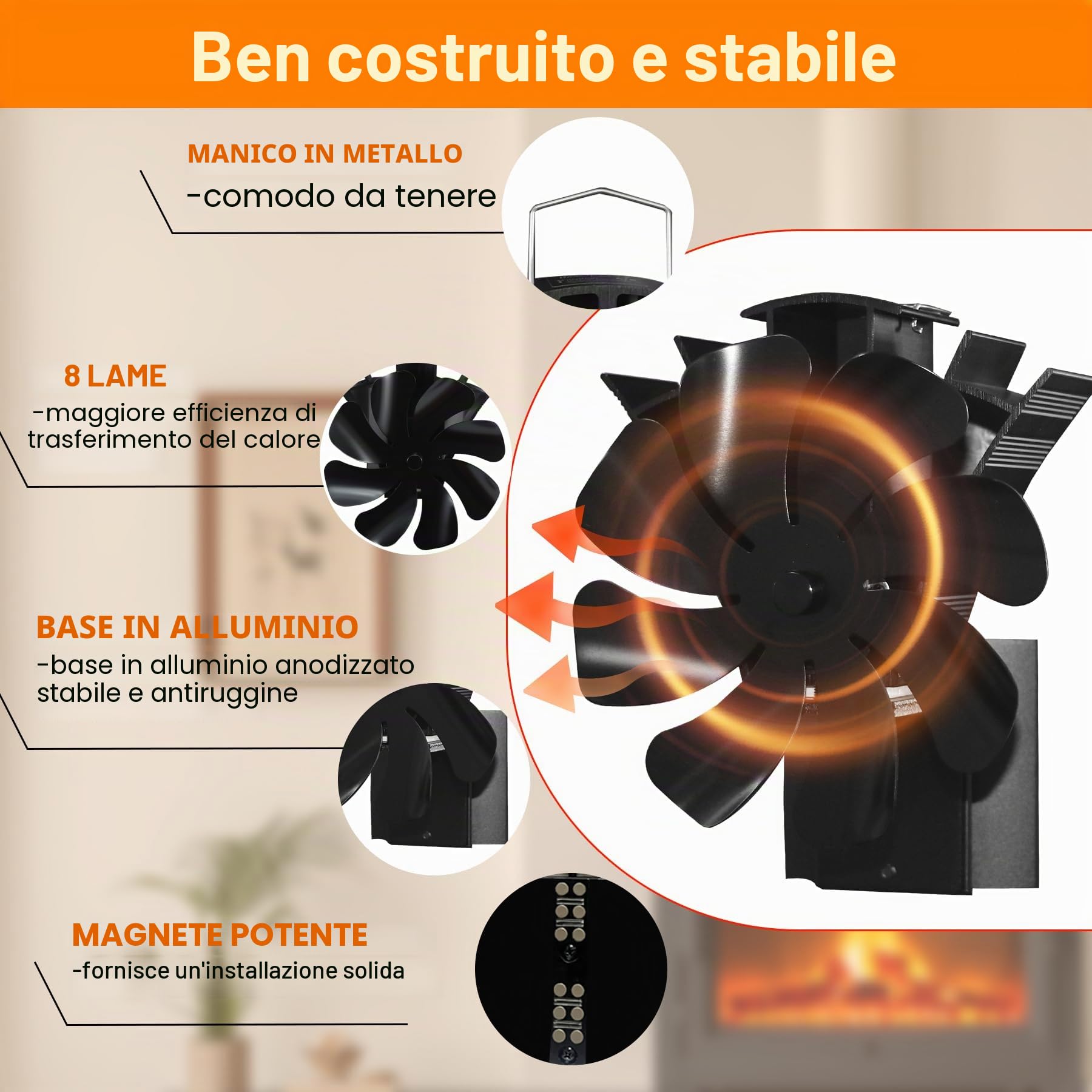 Ventilatore magnetico per stufa, ventilatore per camino con 8 pale, ventilatore per stufa senza corrente elettrica, silenzioso ventilatore per camino per legno/legna da ardere/focolare/tubo della