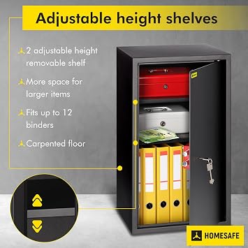 HomeSafe HV70K Large Safe with Key Lock, 70x40x36cm (HxWxD), Money Safe Lock Box for Home Security, Storage Safety Locker for Cash Savings, Office safe for documents with 2 height-adjustable shelves