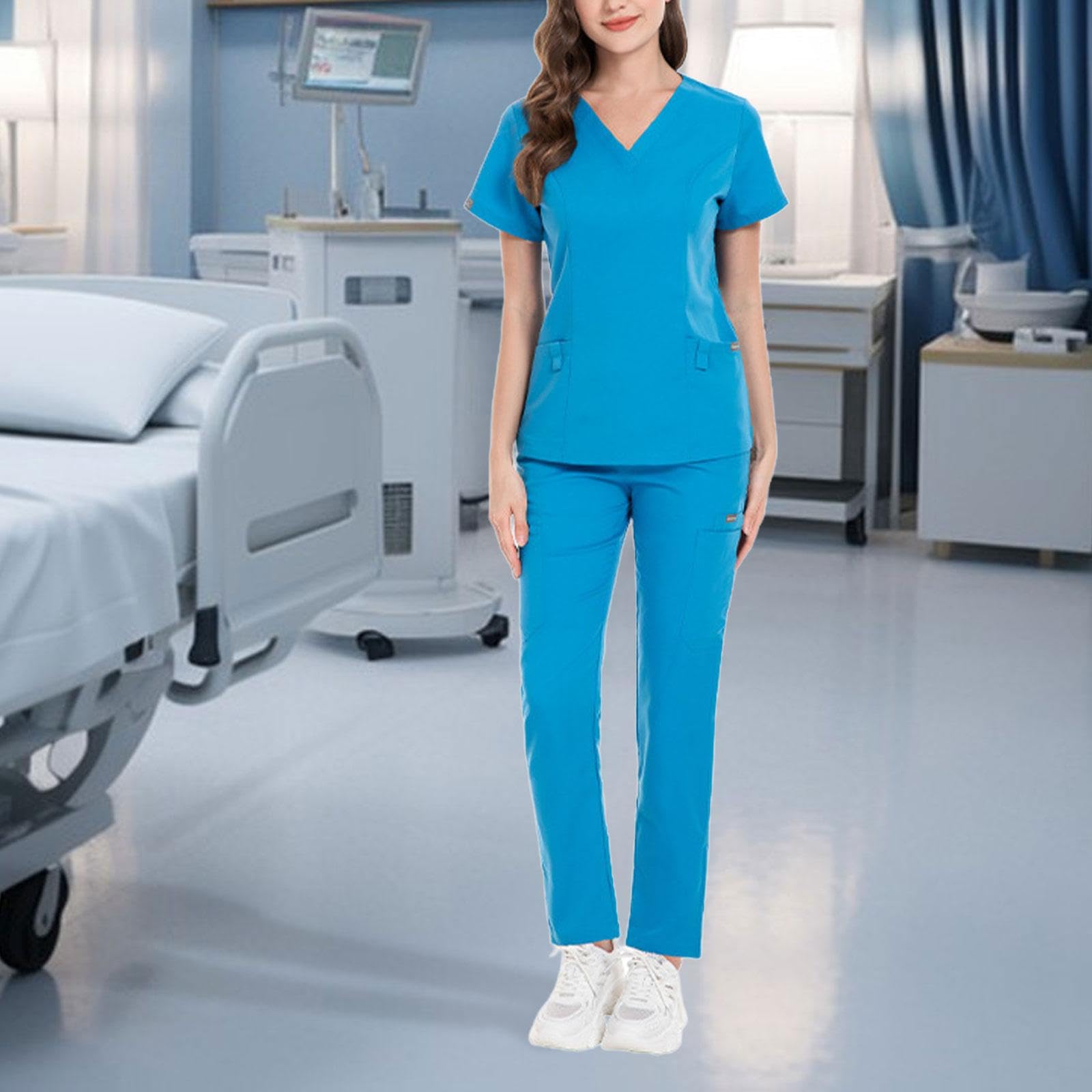 Uniforme Enfermera Traje Sanitario Conjunto Mujer Camiseta V Cuello Pantalón Práctico Ligero Material Poliéster Suave Adecuado para Hospitales Masajes