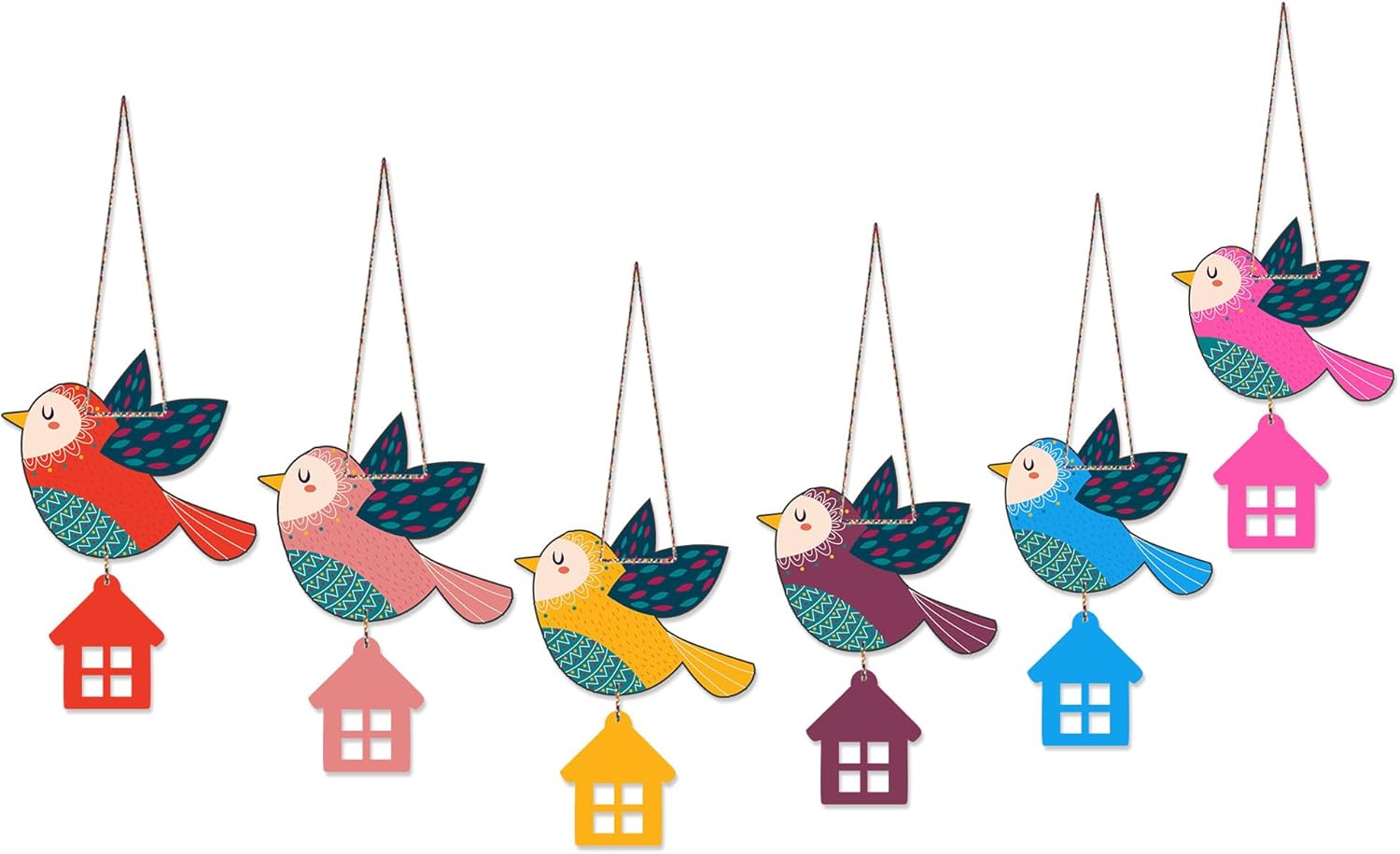 Artvibes Multicolored Flying Birds Wooden Wall Hanging for Home Decoration | Garden Balcony | Office | Cafe | Decorative Door Hanging | Festive Decor Art Items (WH_9106N), Pack of 6
