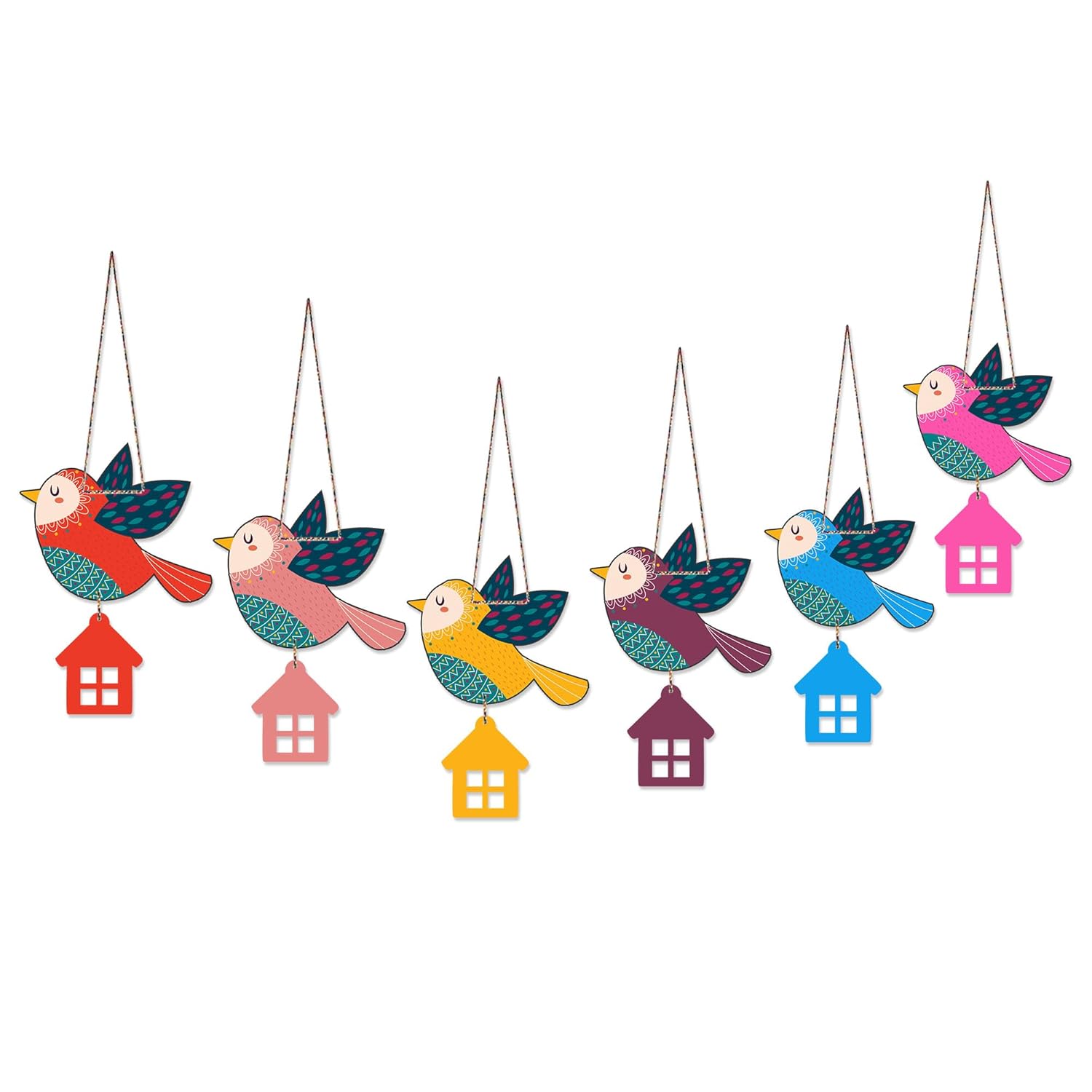 Artvibes Multicolored Flying Birds Decorative Wall Hanging Ornaments | Graphic Artwork | Door Decoration Items | Paintings For Wall | Wall Poster | Handcrafted Art | Gift Items (WH_9122N), Set of 6