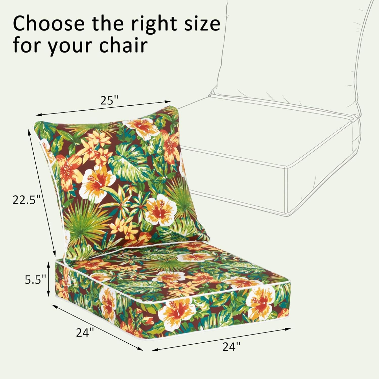 COZYVIDA Outdoor Deep Seat Cushion Set of 2, 24"x24"x5.5" Seat & 25"x22.5" Back, C0 Water-Resistant Breathable Polyester, UV-Resistant 1000+ Hrs, 30D Foam,YKK Zippers,Tropical Floral