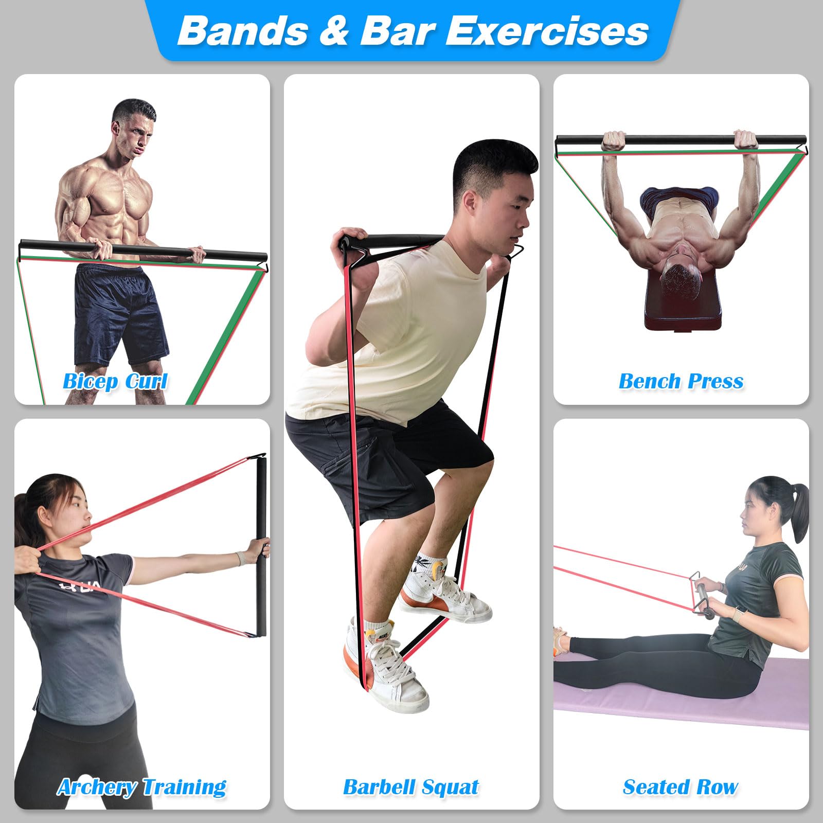 INNSTAR Ensemble de bandes de résistance avec barre de fitness, ancre de porte, poignées, sangles de cheville pour entraînement de résistance, renforcement musculaire, entraînement à domicile
