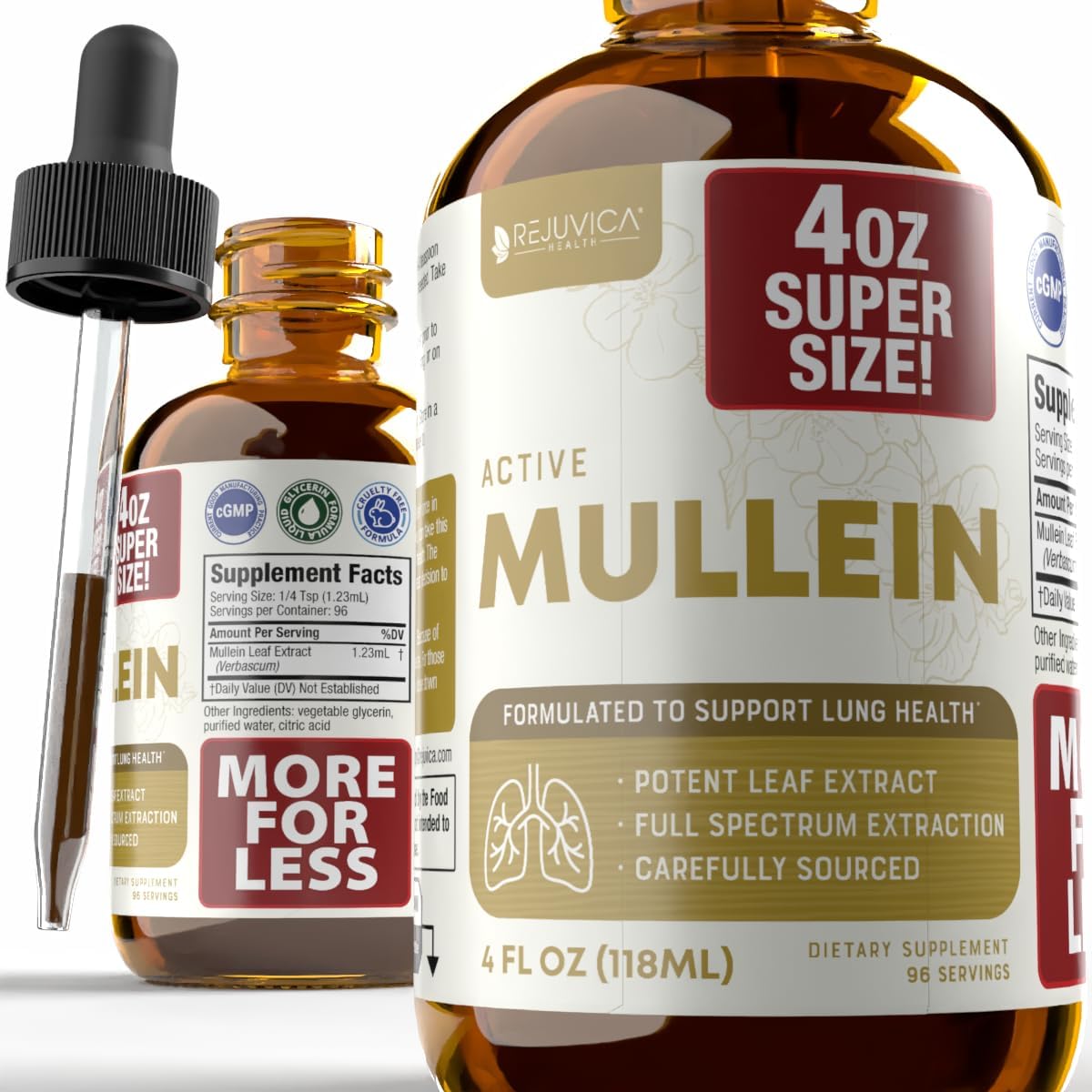 Rejuvica Health Active Mullein 4oz XL Super Size - Advanced Mullein Liquid Extract - Lung Support Drops - Vegan Sugar Free Non GMO Tincture 3 Pack