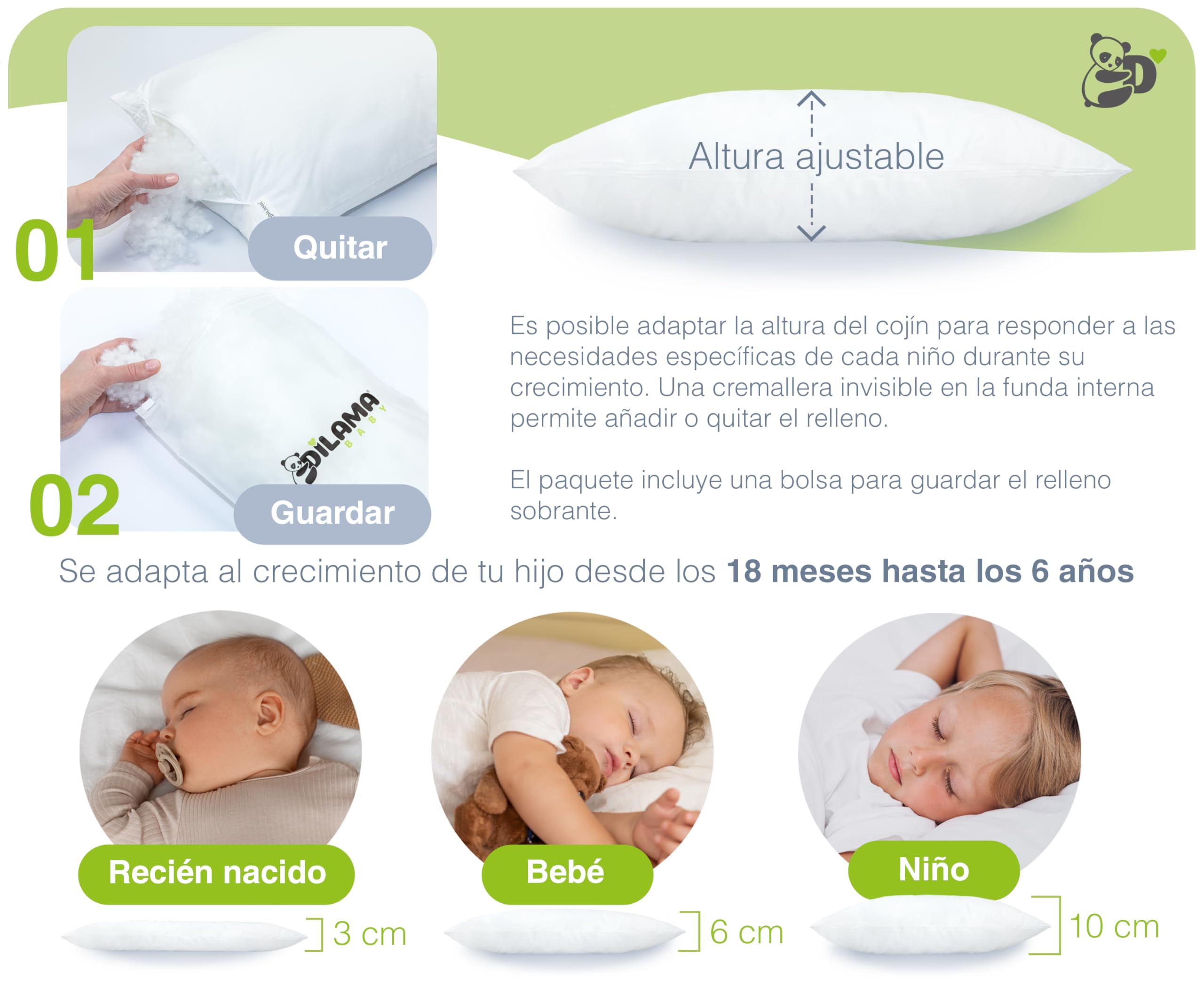 Dilamababy Almohada Infantil Ajustable 2-3 Años - Algodón Percal Hipoalergénico - para Cunas 60x120 cm - Almohada Cuna Bebé - Blanco 100% Algodón