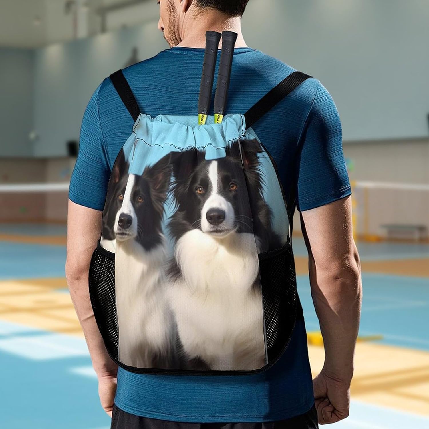 Small Gym Bag Border Collie Printed Drawstring Gym Bag for Men Lightweight Waterproof Drawstring Backpack for Women with Shoe Compartment for Travel Tourism Work And Fitness