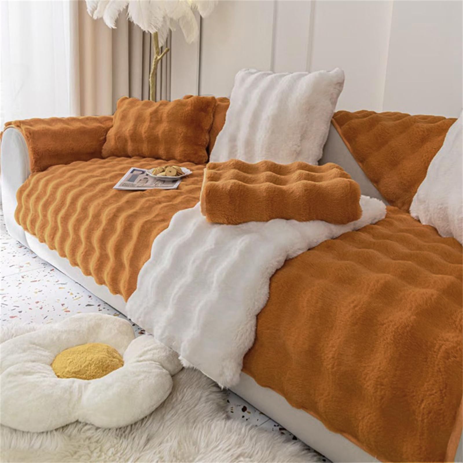 Rabbit Plush Sofa Cover 1 2 3 Seater, Sofa Slipcover Corner L Shape Thick Warm Couch Protector Anti-slip Caravan Seat Cushion Covers for Kids, Pets (Brown,W 90cm×L 120cm)