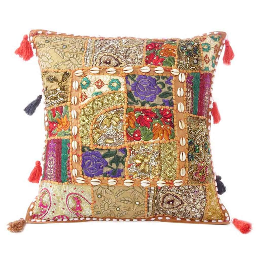 Eyes of India Colorful Decorative Sofa Throw Patchwork Cushion Couch Pillow Cover Case Bohemian Accent Indian Boho Chic Handmade (Light Brown, 16" x 16") — image 1