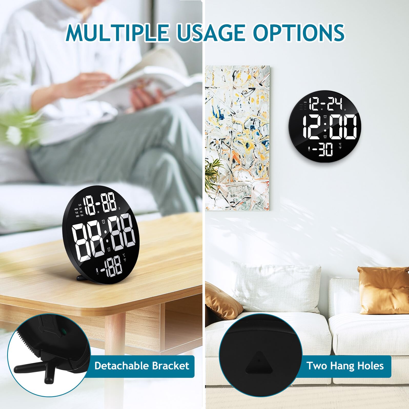 NUOBESTY Reloj Digital de Pared y Sobremesa LED con Mando Distancia Alarma Calendario Temperatura Brillo Ajustable y Soporte Desmontable para Dormitorio y Oficina