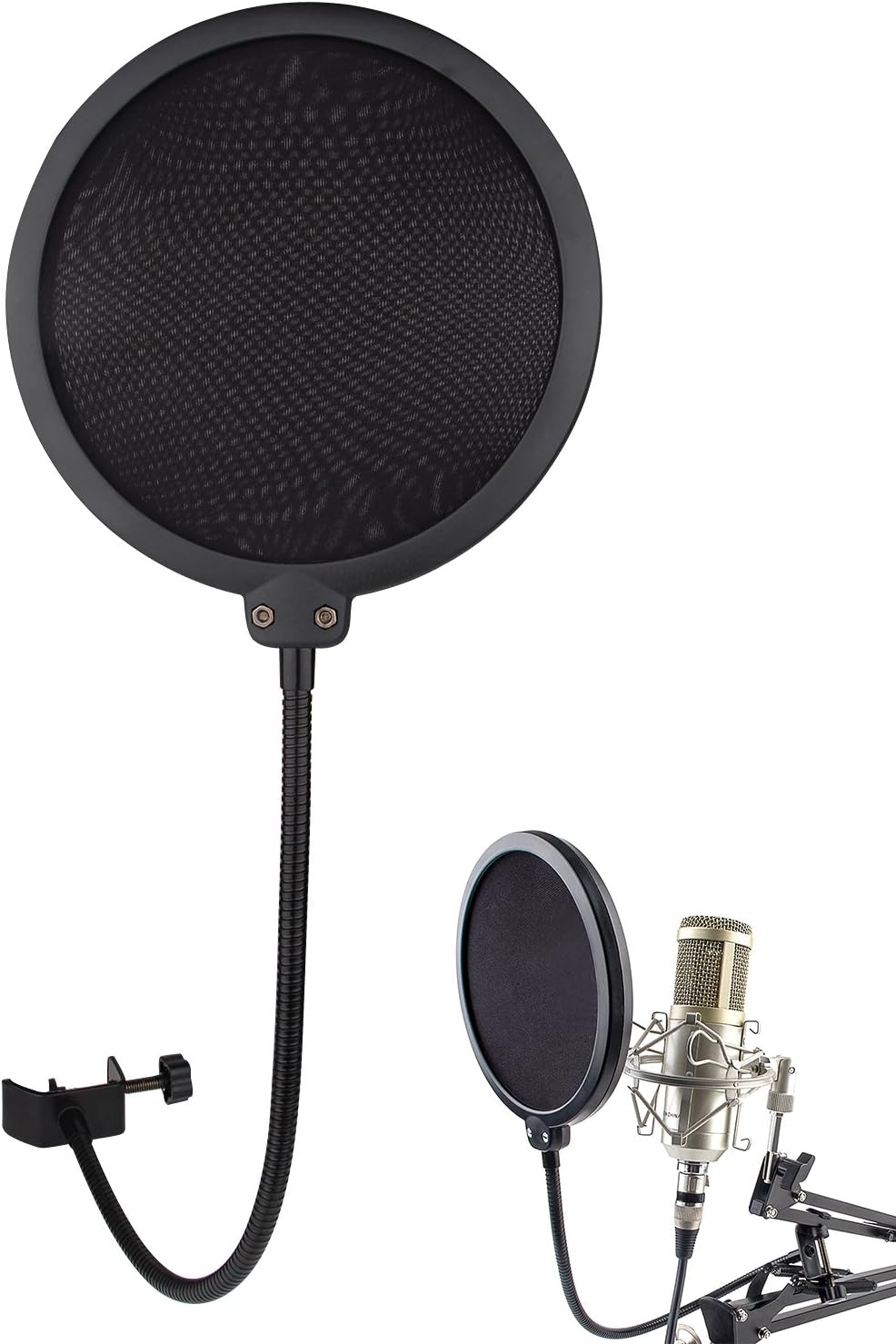 Hltd Studio Microphone Pop Filter Double Layer Mic round Sound Shield Guard Windscreen with Mask Shield Stand Clip