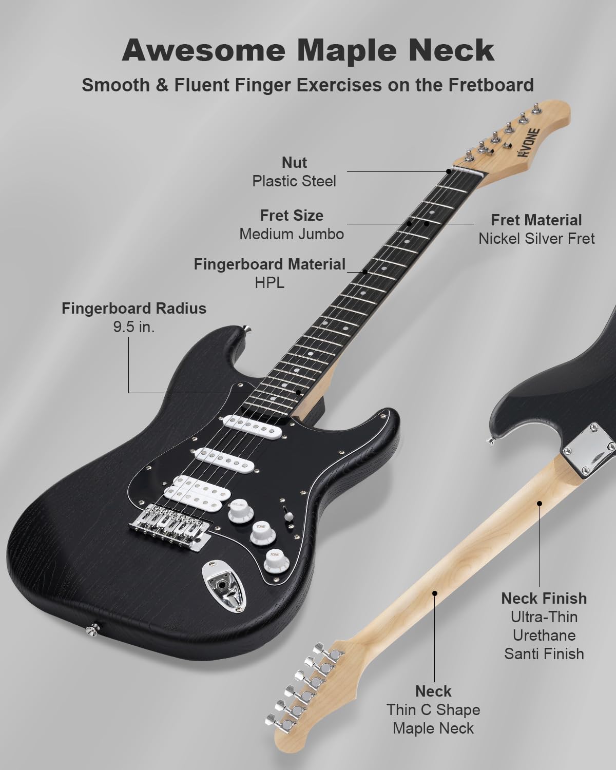 RVONE RST-150 39" Beginner Electric Guitar Kit with Amp & HSS Pickups | Complete Starter Set for Newcomers w/Essentials | Gig Bag, Extra Strings, Digital Tuner, Capo, Strap | Home Practice (Black)