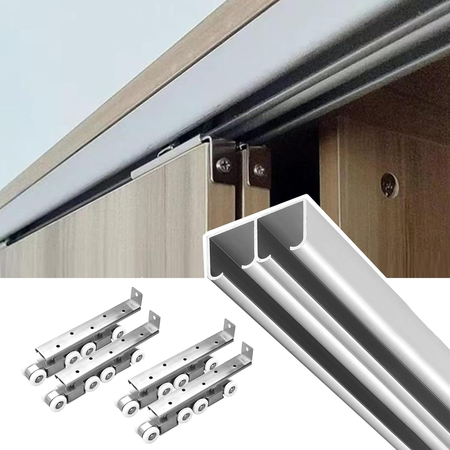 Heavy Duty Double Bypass Sliding Closet Door Track Kit, 1-1-1/4 in Thick Pocket Door Hardware Kit 16 14 12 10 9 8 7 6 5 4 3 Ft, Aluminum Box Rail Set(Silver,380cm/149.6in)