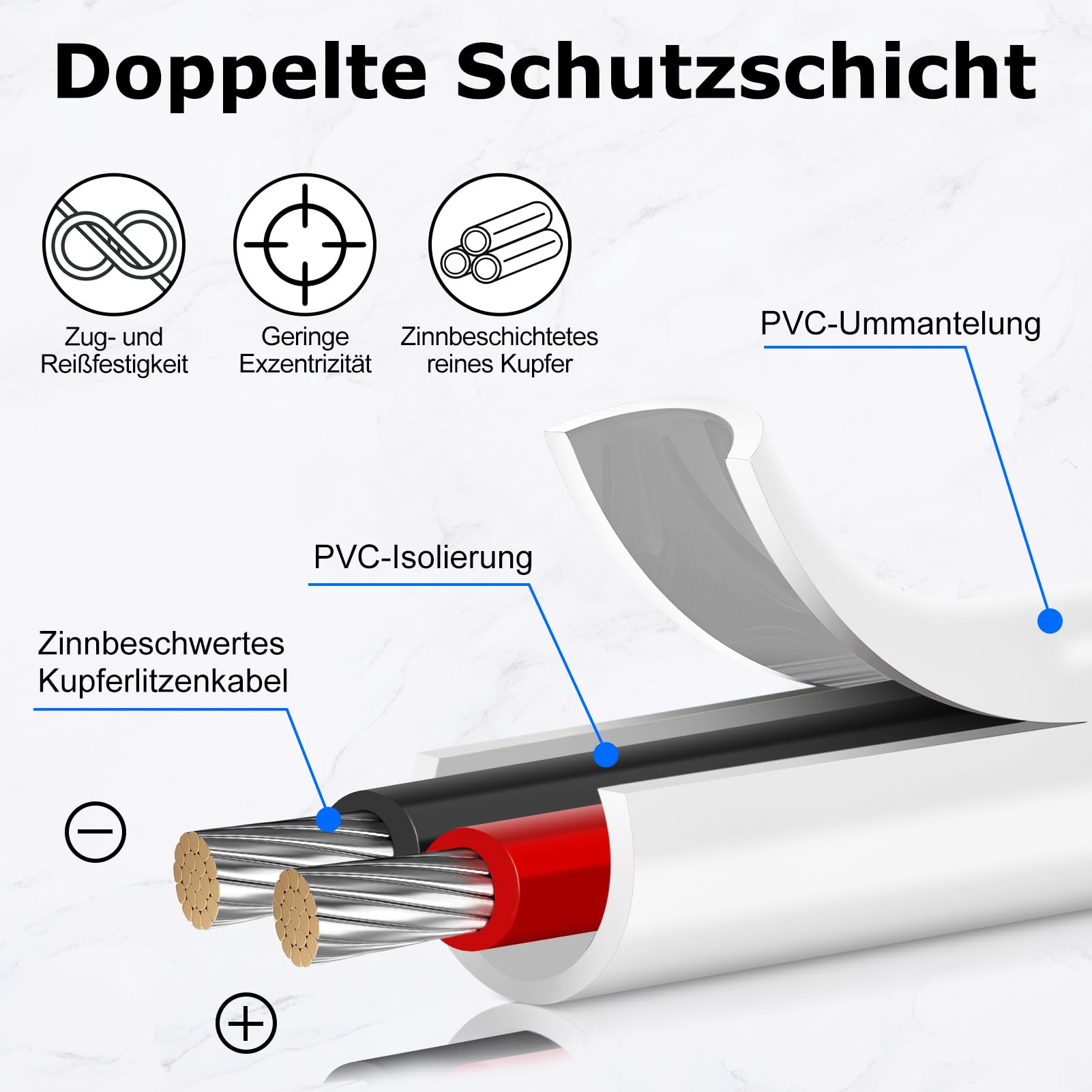16AWG 2x1,5mm² 20Meter Elektrokabel 2-adrig Kabel, 5V/12V/24V Erdkabel Weiß Verzinnte Kupferkabel, 300V flexibel und weich Stromkabel hohe Temperaturbeständigkeit Verlängerungskabel 20m