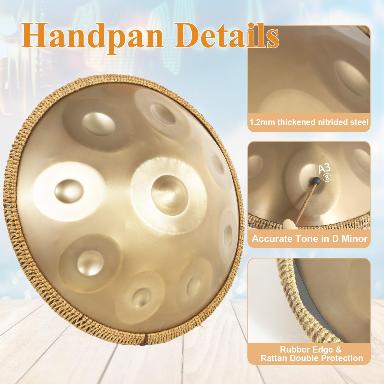 Handpan, 22 pulgadas 9 notas 440 Hz Oro Acero Tambor de Lengua en Re Menor Handpan Drum para Yoga, Meditación con Baquetas de Bolso, Soporte de Tambor