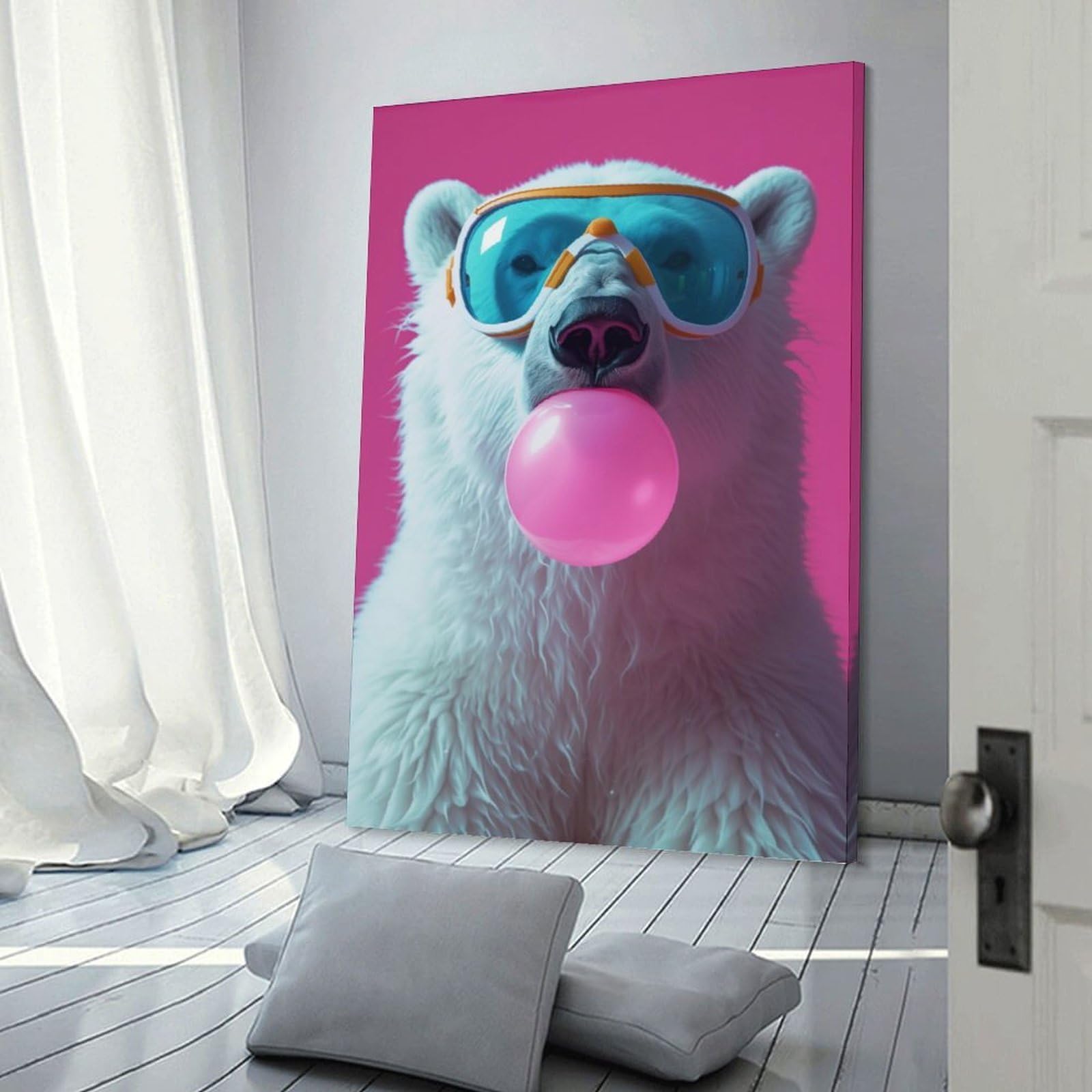 Junmoney Hanging Wall Art Polar Bear Bubble Gum, 24x36inch(60x90cm), for Wall Displays, Bedrooms Or Room Updates, Wall Decor Suited to Curated Displays