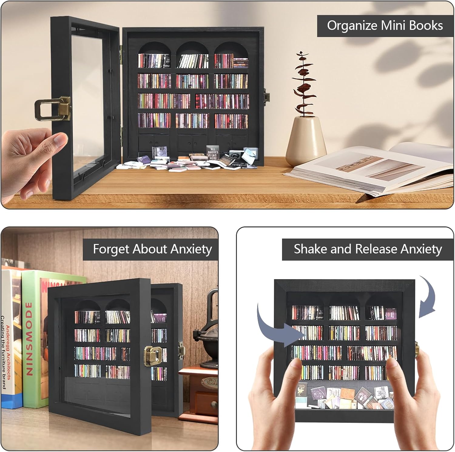Anxiety Bookshelf Mini Books Display for Stress Relief and Fun Decor, Perfect Decorative Miniature Library for Book Lovers, Ideal for Home Decor, Office Decor, and Thoughtful Gift - Black