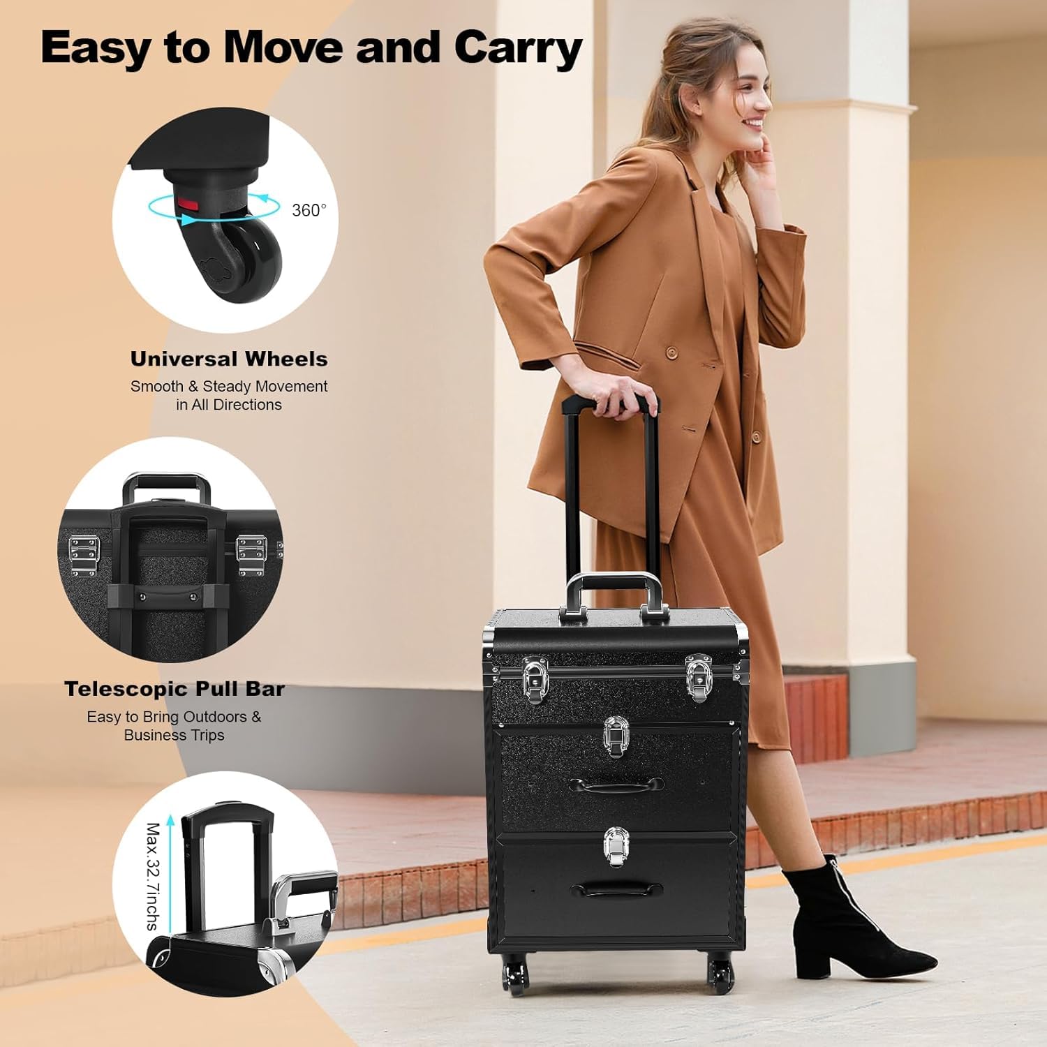 Kosmetikkoffer Trolley Schminkkoffer 3 Ebenen, Makeup Trolley Case mit Rollen, Mobile Kosmetik mit Spiegel und 50Kg Tragkraft, Schminkkoffer Profi mit Verstellbare Beine, 36*23*58cm, Schwarz