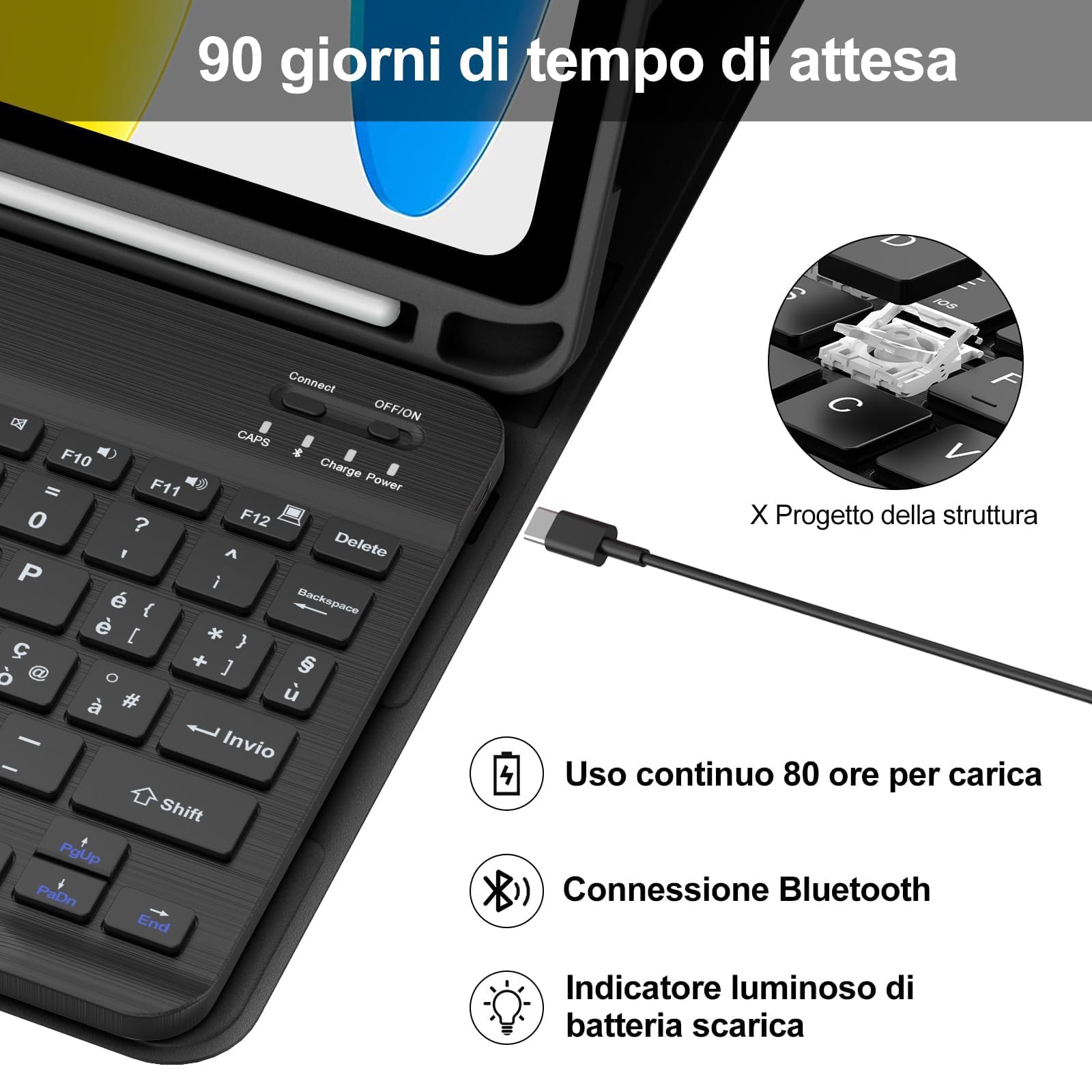 Cover con Tastiera per iPad 11 Gen 2025/10 Gen 2022, Italiano QWERTY, Senza Fili Staccabile Custodia con Portapenna, Nero
