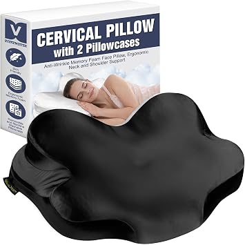 Cervical Neck Pillow for Side & Back Sleepers Premium Ergonomic Memory Foam Sleep Pillow with Dual Pillowcases, Pressure-Reducing Design Black