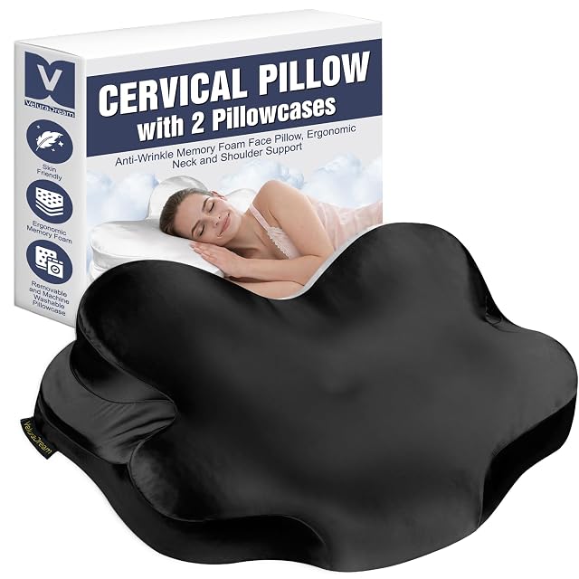 Cervical Neck Pillow for Side Back Sleepers Ergonomic Memory Foam Sleep Pillow with Dual Pillowcases Pressure-Reducing Design Black