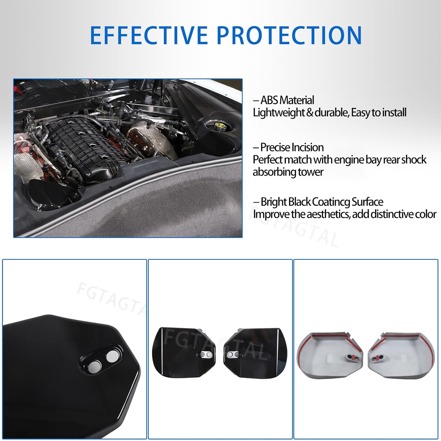 Rear Strut Tower Cover Compatible with Chevrolet Corvette C8 Stingray 2020-2024, ABS Engine Bay Rear Shock Absorbing Tower Protection Panel Cover Trim Accessories, 2PCS (Bright Black)