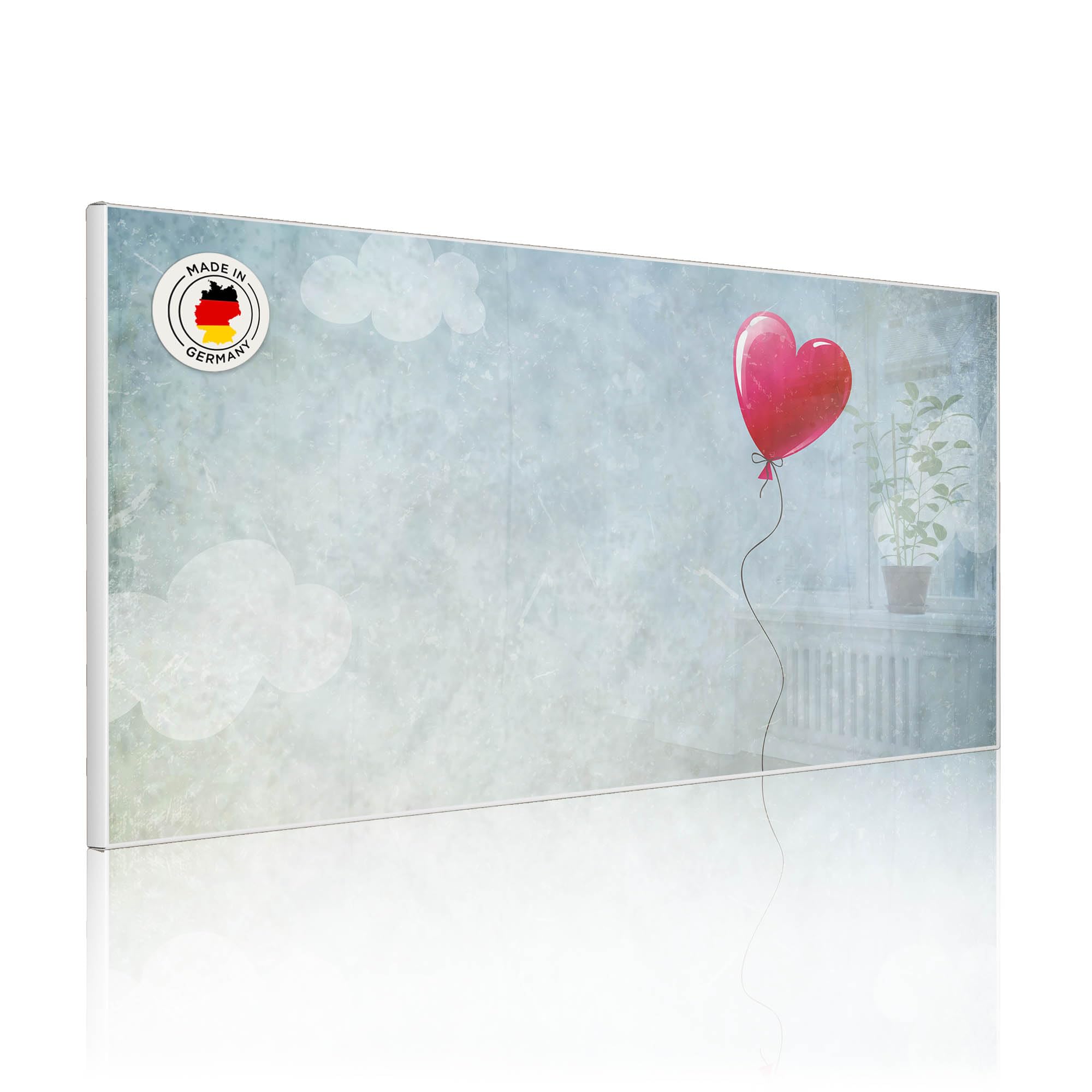 banjado Magnettafel Metall 78 x 37cm - beschreibbare Magnettafel - Metall Pinnwand als Memoboard - Magnetwand Küche, Büro, Kinderzimmer Weiß inkl. 4 Magnete & Montageset - Motiv Herzballon