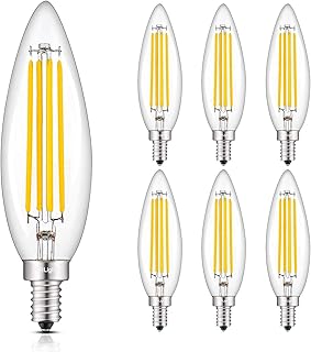 CRLight Extra Long 5in Dimmable LED Candelabra Bulbs, 8W=80W Incandescent Equivalent 800LM, 2700K Warm White, Upgraded Lengthened E12 B11 Torpedo Shape, Clear Glass Chandelier Bulbs, 6-Pack