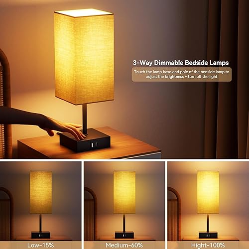 Miniatura 3 de GOLSPARK Lámpara de mesa con puerto USB C USB A, lámpara táctil cuadrada para dormitorio con luz cálida regulable de 3 vías de 2700 K, pantalla de
