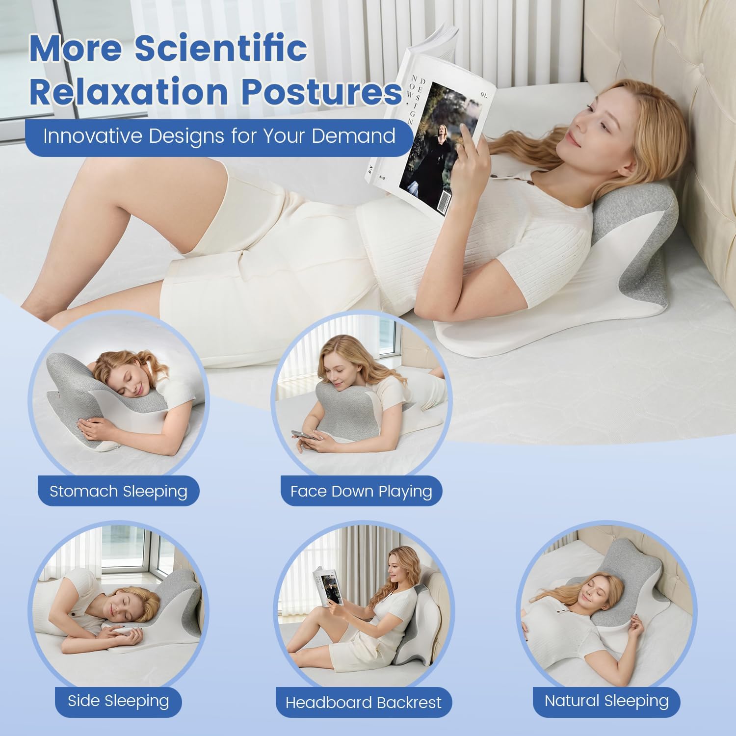 Reading Pillow for Bed, Ergonomic Memory Foam Bed Wedge Pillow for Headboard, Lying, Leaning and Prone, Chin & Back Support Pillows on Bedrest Floor Couch- Gray