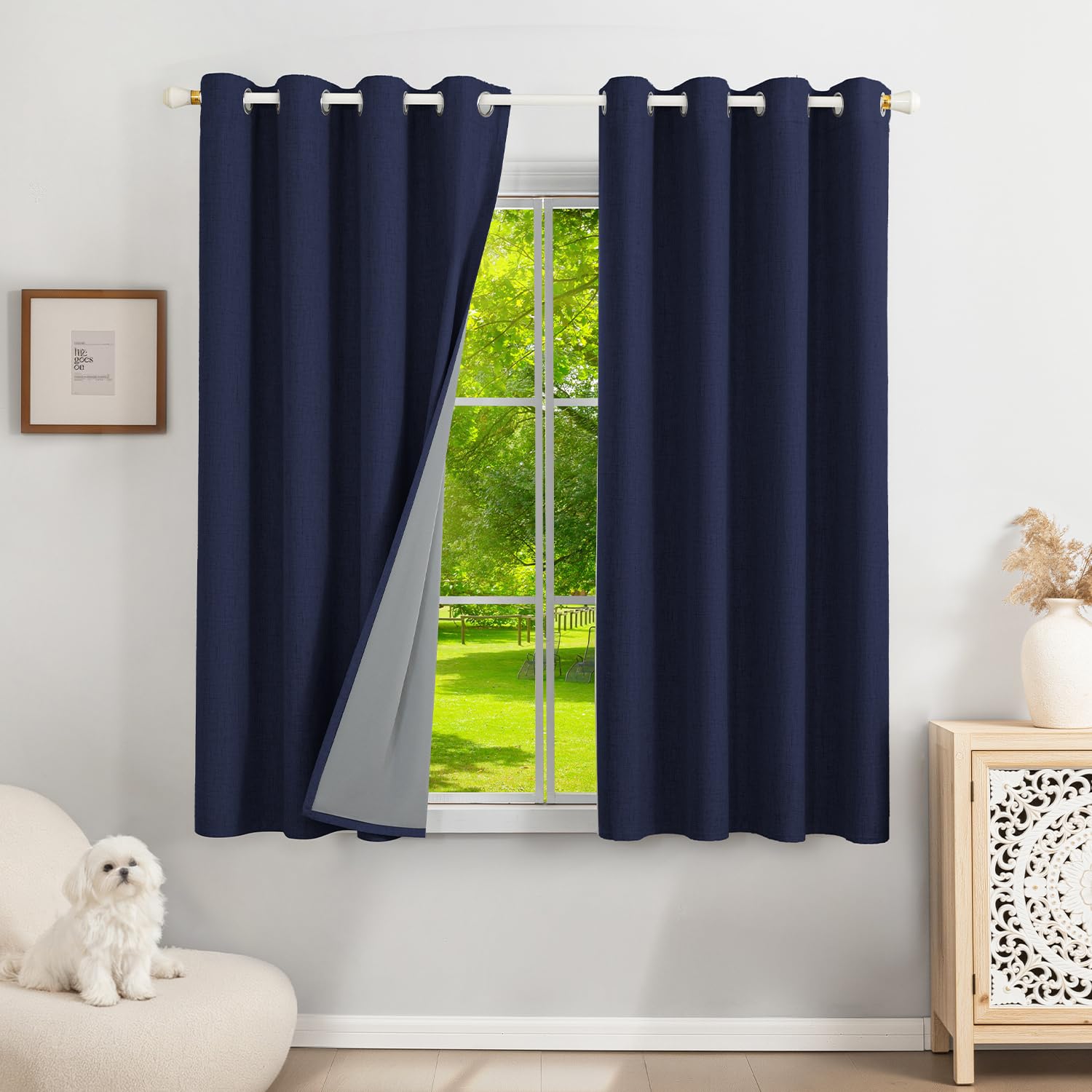 Runyéla 100% Blackout Linen Curtains Eyelet 46 x 54 Inch Drop for Bedroom Kitchen Living Room Thermal Curtain 2 Panels Denim Blue