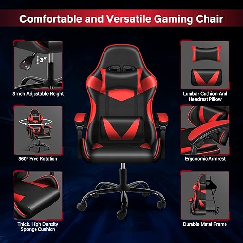 Miniatura 5 de YSSOA Silla de juegos, silla de jugador grande y alta, silla giratoria ajustable estilo carreras, sillas ergonómicas de videojuegos con Rojo