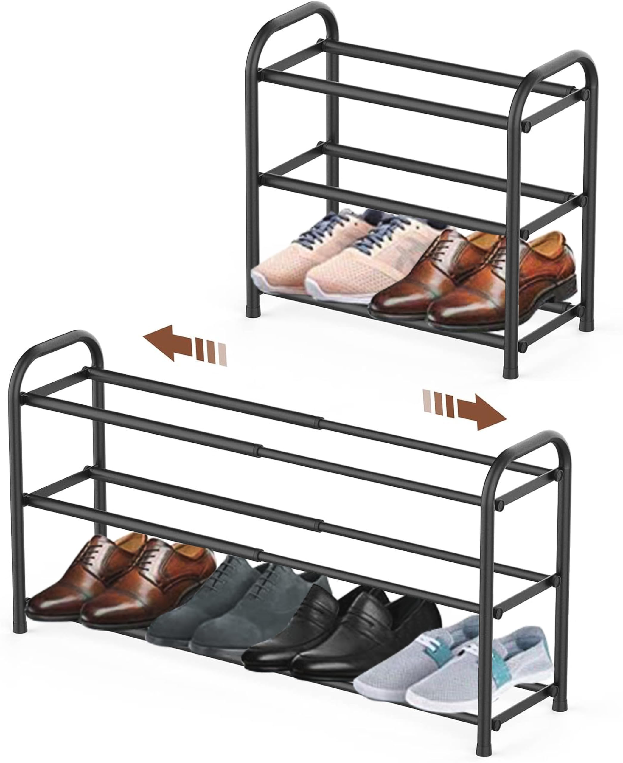 (Popular Rack In Us Market) Expandable Heavy Duty Shoe Rack, Adjustable Shoe Shelf Storage Organizer Metal Free Standing Home Shoe Rack (3 Tier, Black)
