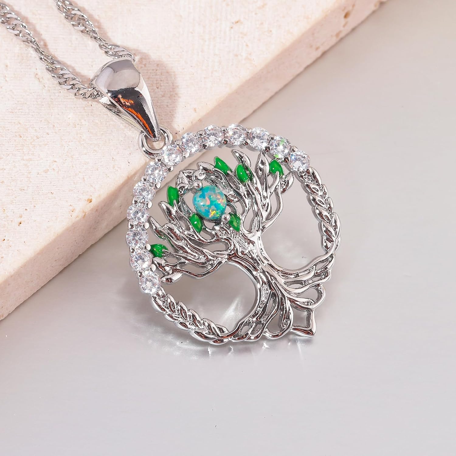 CiNily Tree of Life Necklace for Women Family Tree Pendant Necklaces 14K White Gold Plated Created Opal Tree of Life Pendant Birthstone Necklace Gemstone Birthday Jewelry - Image 4