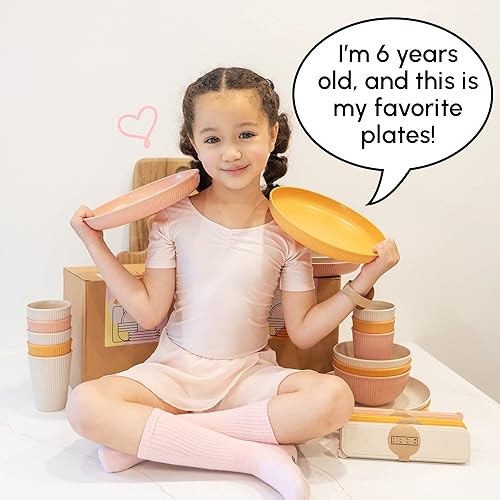 Miniatura 8 de Juego de vajilla duradera de paja de trigo para 4 personas, incluye platos, cuencos y utensilios, verde, apto para microondas y lavavajillas,