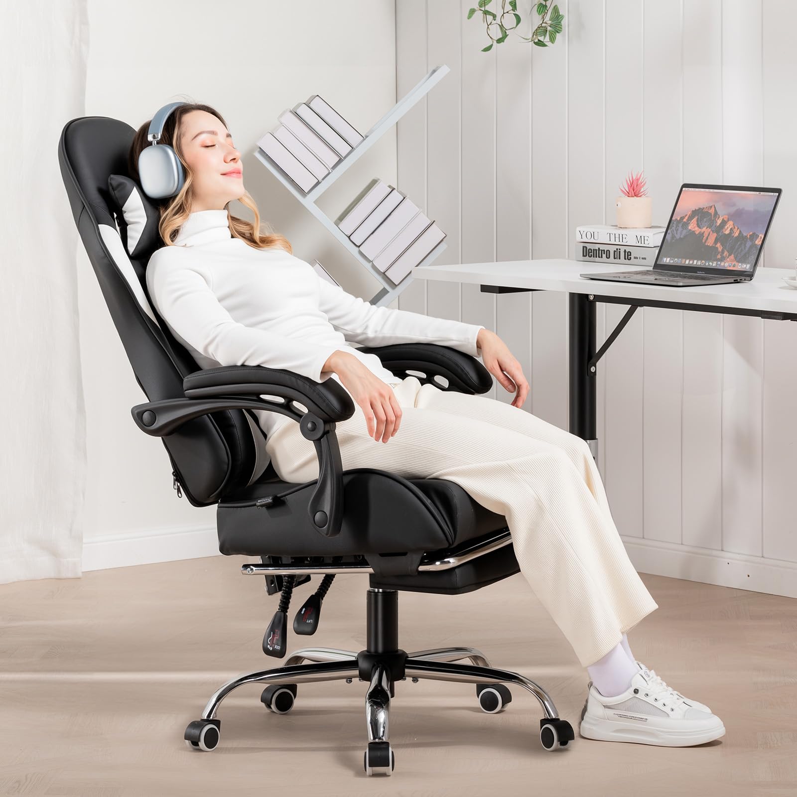GTPLAYER, Silla de gaming, silla de oficina con soporte lumbar de masaje, reposacabezas ajustable, reposapiés ergonómico, reposabrazos de conexión y reposapiés, 150 kg, color negro
