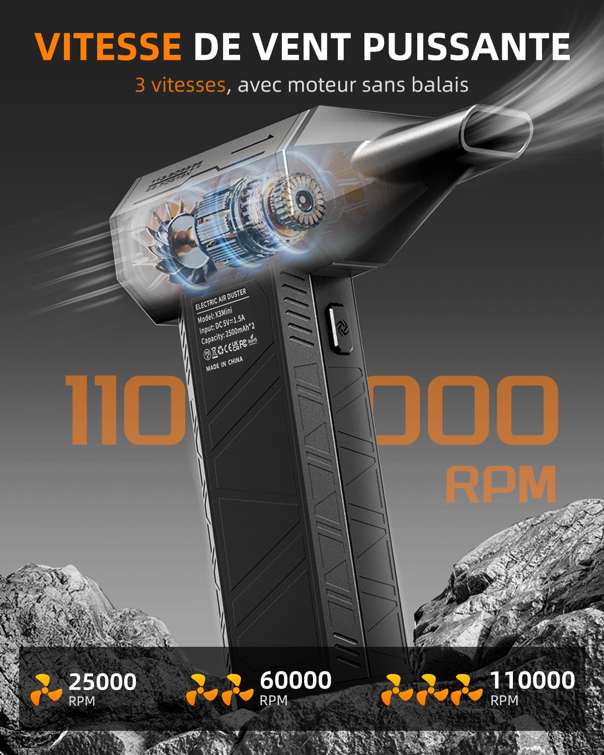 Bombe d’air comprimé,Souffleur Air Comprimé, vitesse maximale de 11 000 tours/minute, équipé de 3 vitesses réglables, batterie rechargeable intégrée de 5 000 mAh, conception miniaturisée