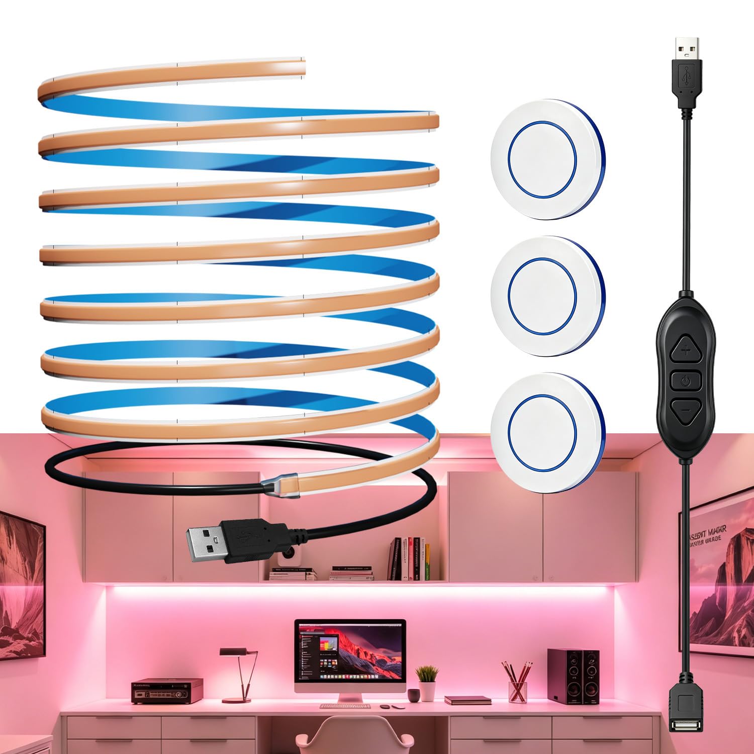 MDee 5V USB COB LED Strip with 3 Remotes, Dimmable, Pink, 2.5M