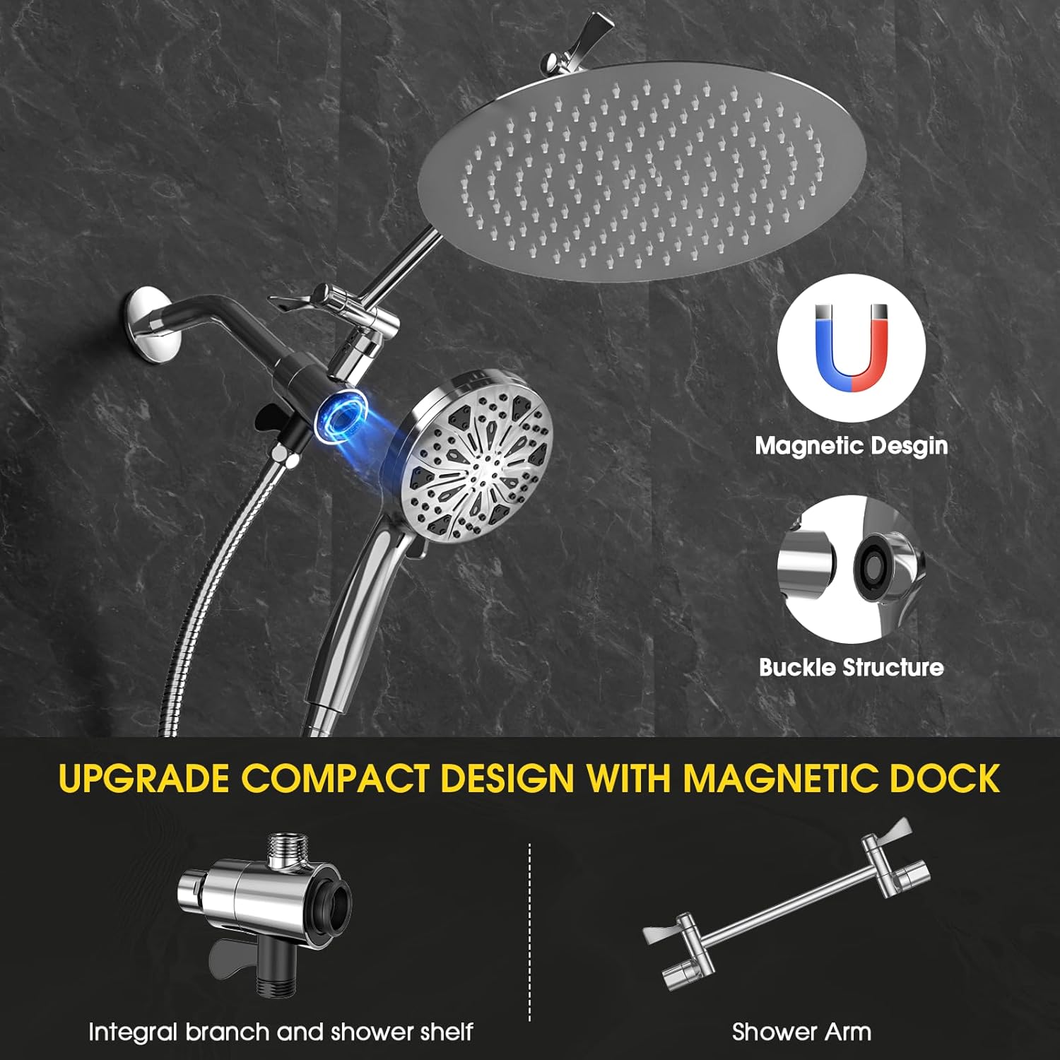 High Pressure Shower Heads,Rain Shower Head with Handheld Spray,10 Spray Modeswith Extension Arm (Silver, 12 Inch)