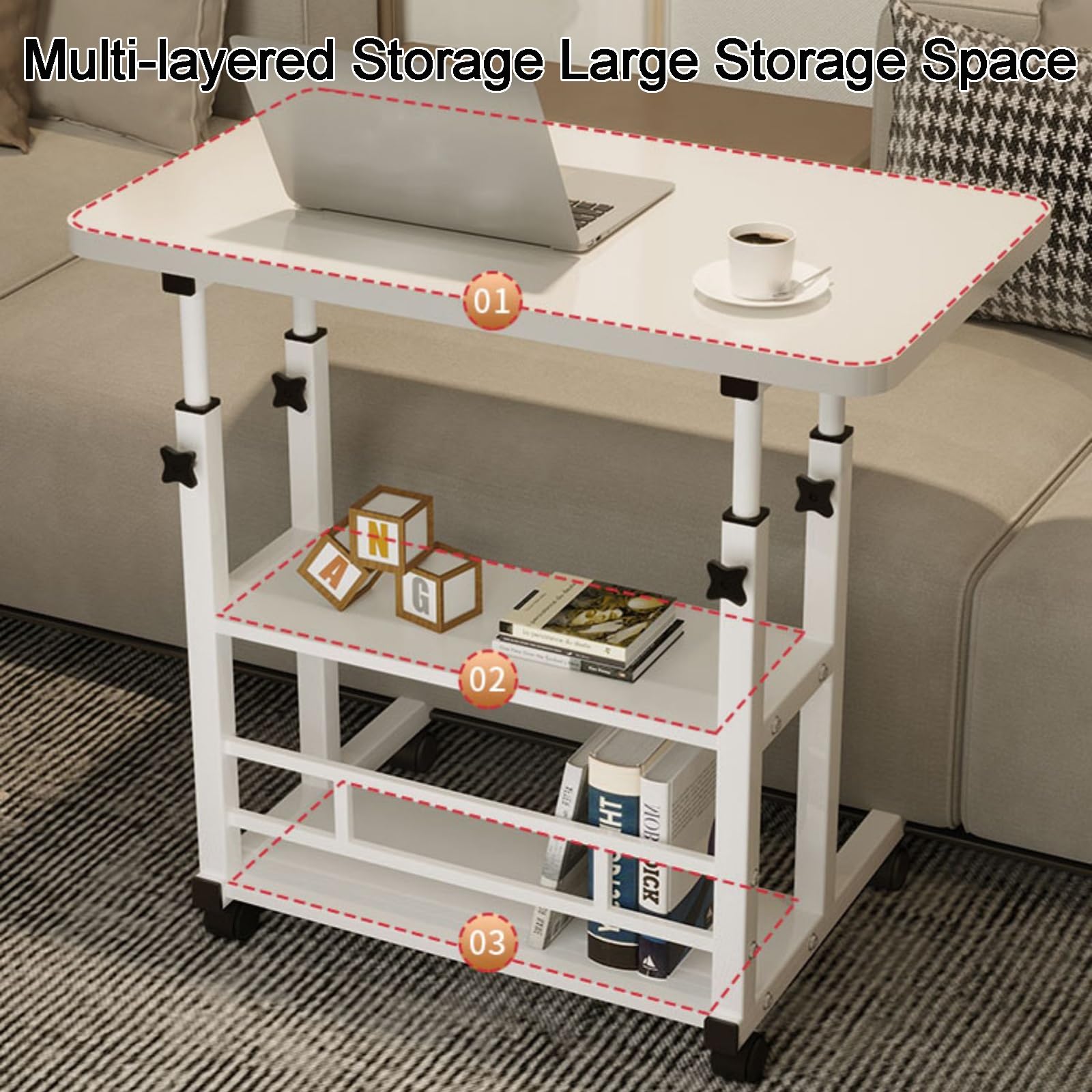 Scrivania mobile regolabile in altezza con ruote, a forma di C, comodino e vassoio TV con ripiani per divano, dimensioni 60 x 40 cm