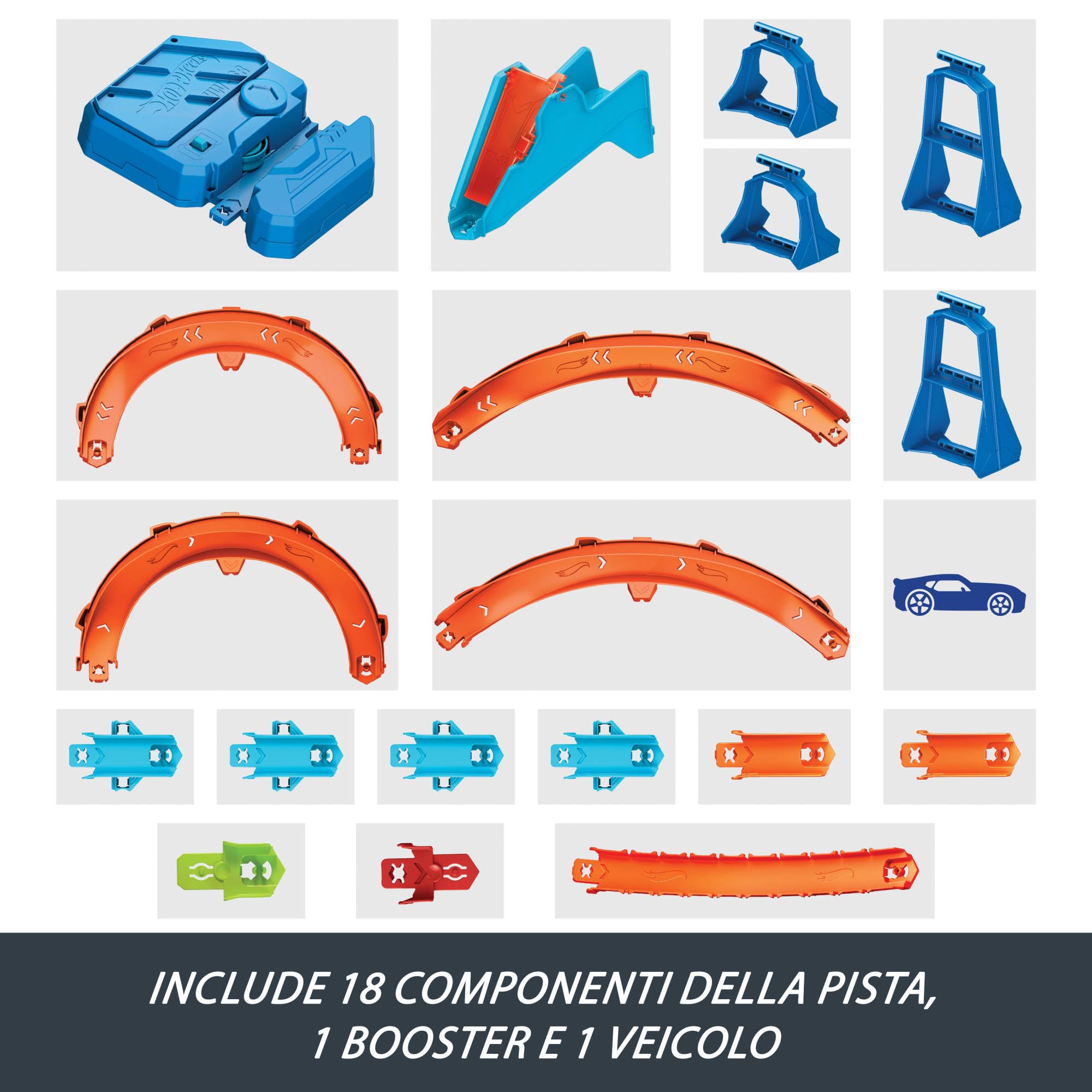 Hot Wheels - Boosted Jump Speedway, set pista con box deluxe da costruire e booster motorizzato, macchinina in scala 1:64 inclusa, giocattolo per bambini, 5+ anni, JDB49