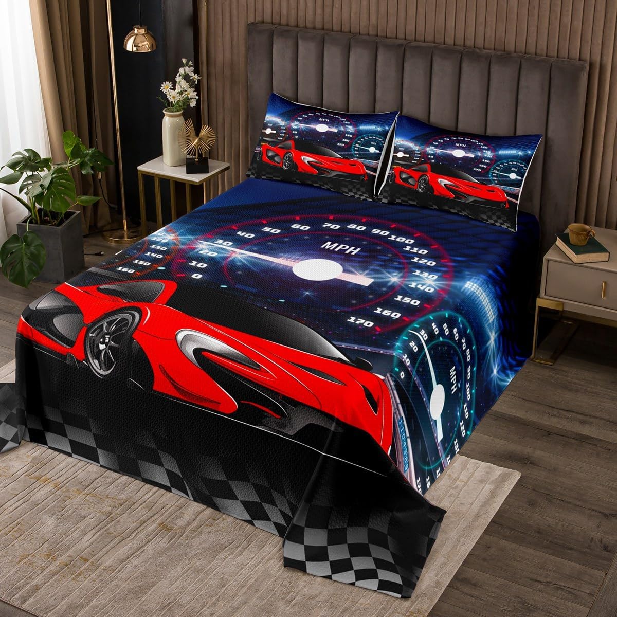 Erosebridal Cartoon Truck Coverlet Set King Size Cool Racing Car Bedding Set for Kids Girls Boys Black and White Checkered Quilted Coverlet Grey Race Tire Tracks Oil Painting Extreme Sports Quilted