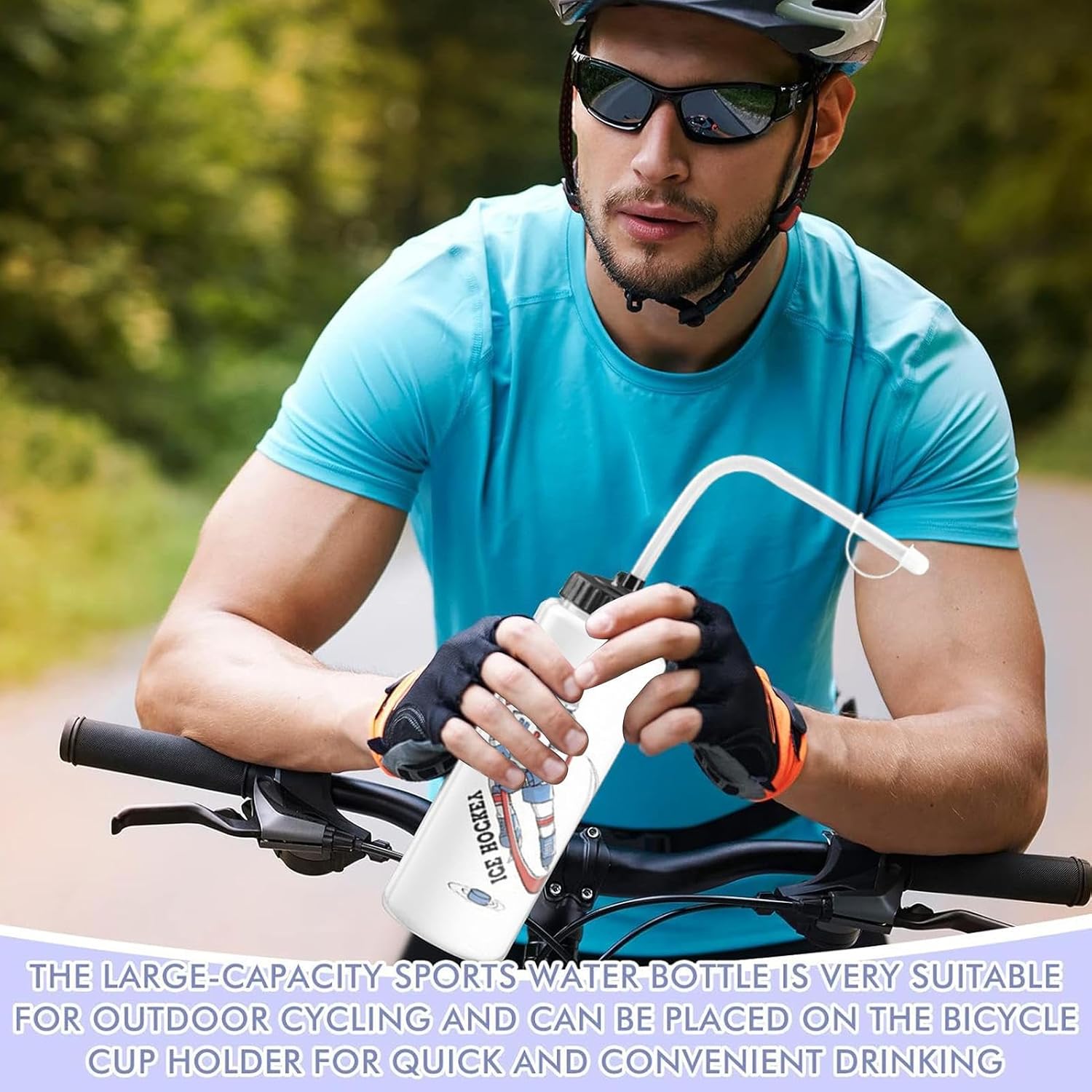 Naysku Strong Sports Squeeze Water Bottle - Large Capacity Ice Hockey Water Bottle, 1 Liter Portable Sports Water Bottle with Long Straw, Outdoor Gear Straw Cycling Water Cup, for Adults & Kids