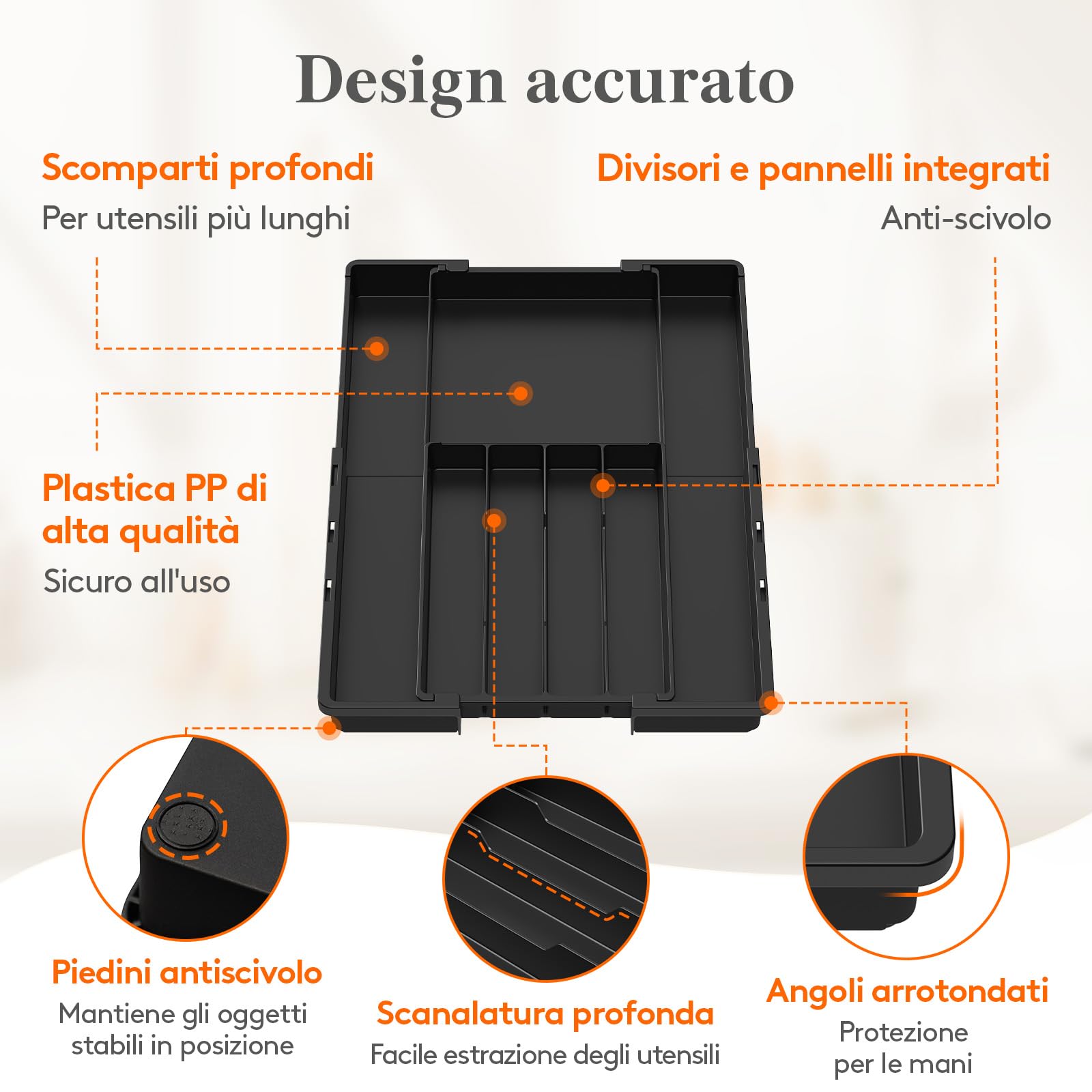Lifewit Organizer Cassetti Cucina Regolabile, Vassoio Plastica per Utensili e Coltelli, 4-7 Scomparti, Larghezza 22,5-36 cm, Nero
